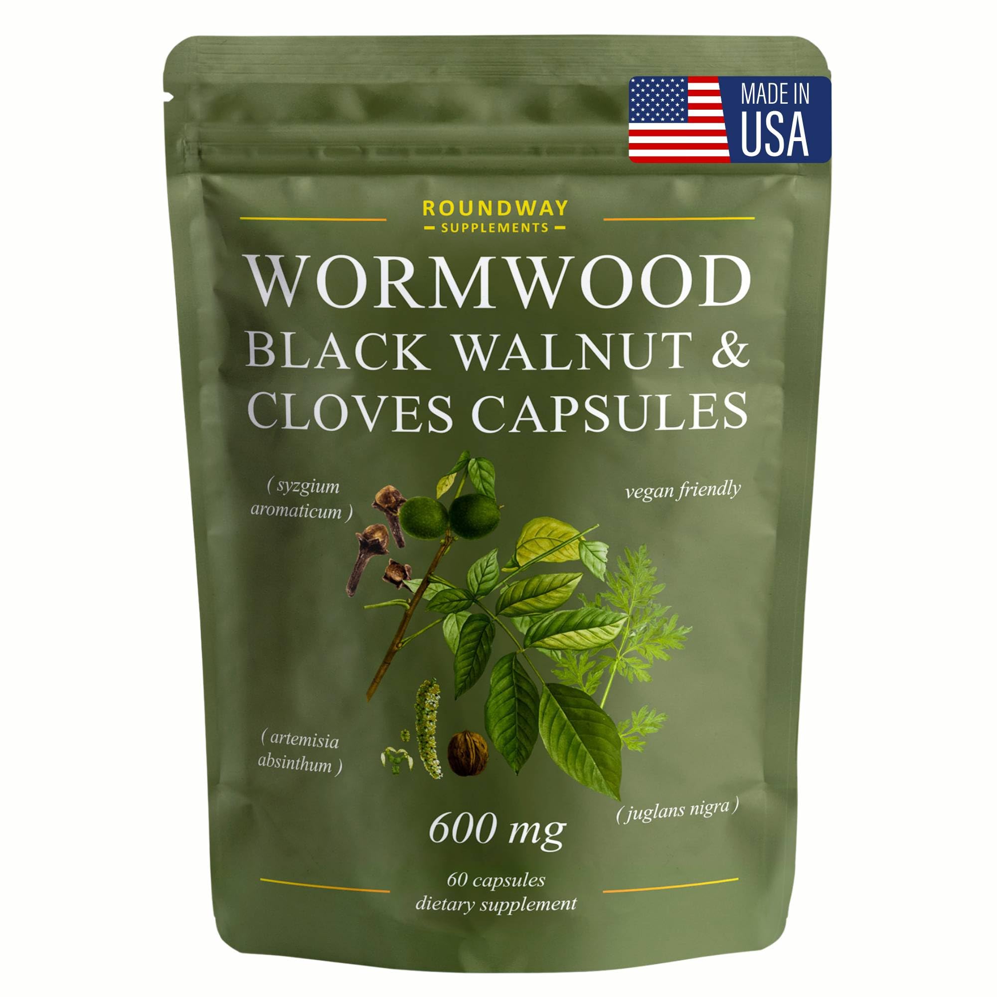 Roundway Supplements Wormwood Black Walnut Hull and Clove Capsules | High Strength Cleanse for Humans. 2 Months Supply | 60 Capsules, 600mg. Gluten-Free and Non-GMO. Vegan Supplement (Pack of 1)