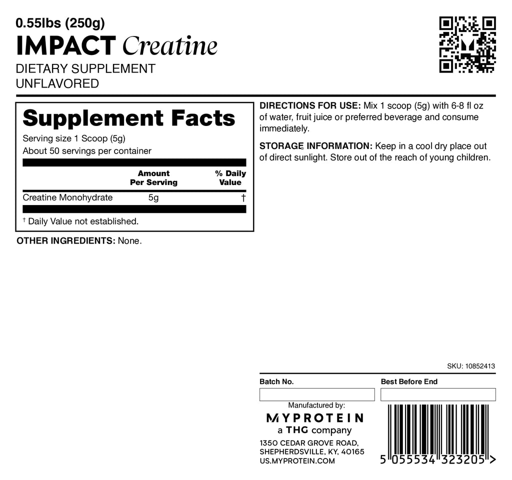 Myprotein Creatine Monohydrate Powder, 50 Servings (0.55lbs) Pure Unflavored Creatine Powder, Post/Pre Workout Supplement for All Sports & Exercises
