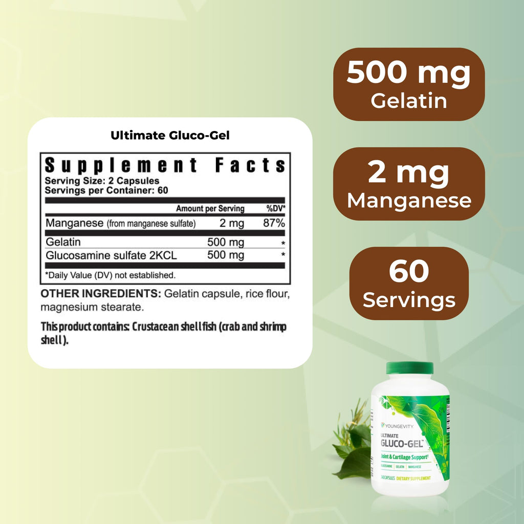 Youngevity Ultimate Gluco-Gel -for Tendons, Bones & Cartilage | Contains Glucosamine, Gelatin & Manganese | 240 Capsules | 1 Bottle