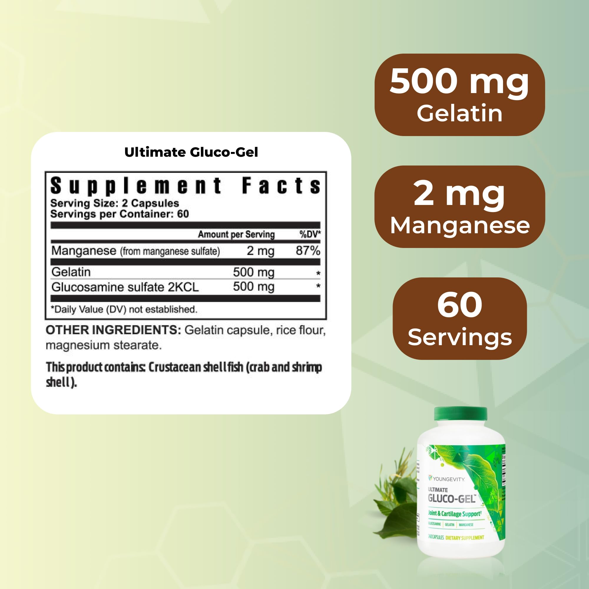 Youngevity Ultimate Gluco-Gel -for Tendons, Bones & Cartilage | Contains Glucosamine, Gelatin & Manganese | 240 Capsules | 1 Bottle