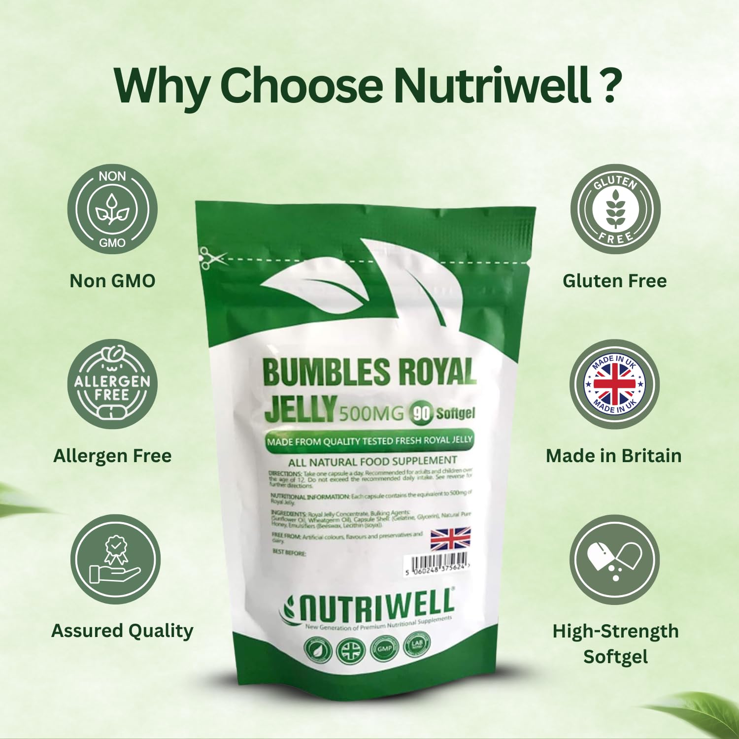 Bumbles Royal Gellee - 90 High Strength 500mg Royal Jelly Softgel Capsules to Support Immune System and Boost Energy, for Healthy Hair & Skin, Made in The UK by Nutri Well