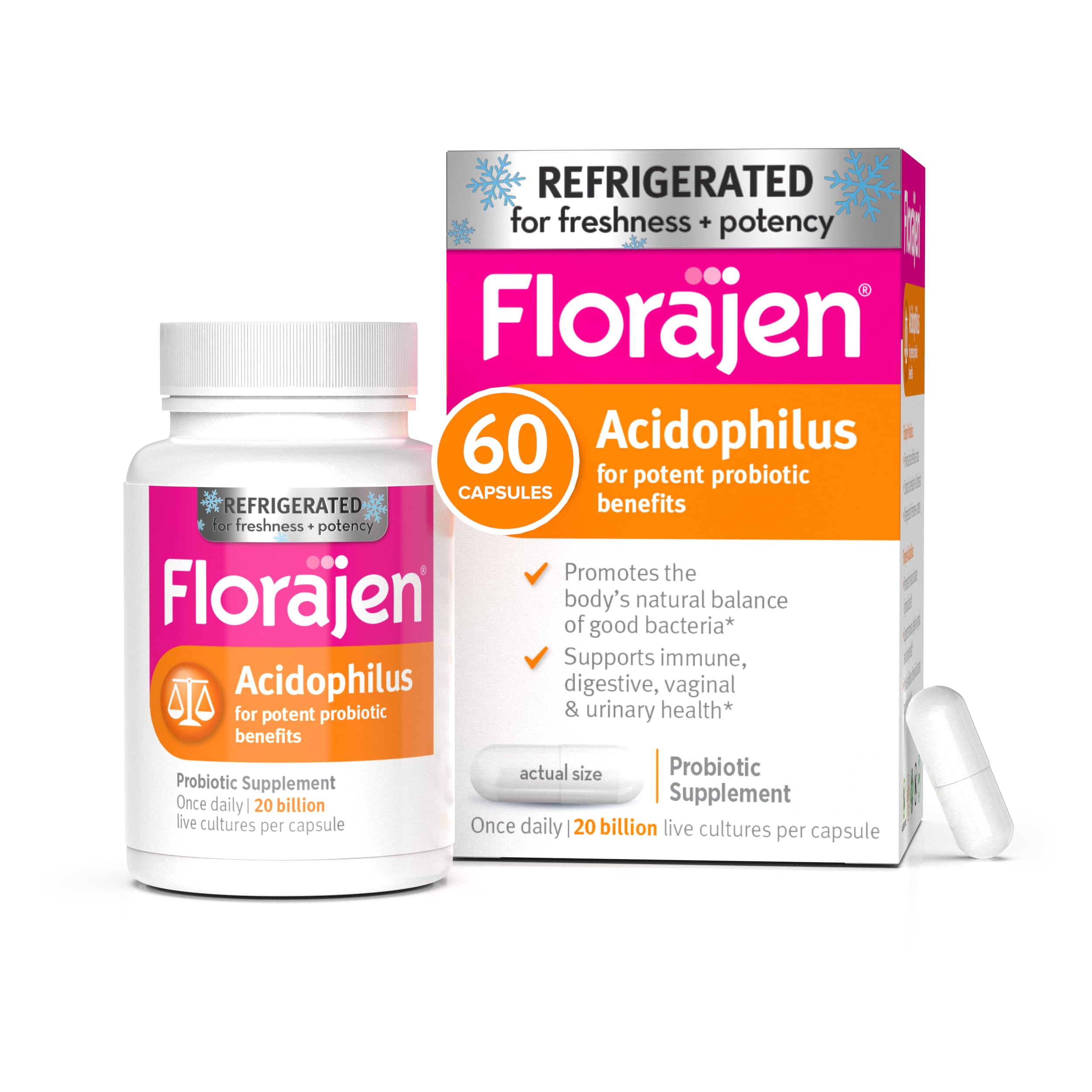 Florajen Acidophilus High Potency Refrigerated Supports Overall Health, 20 Billion CFUs for Potent Probiotic Benefits, Unflavored, 60 Count