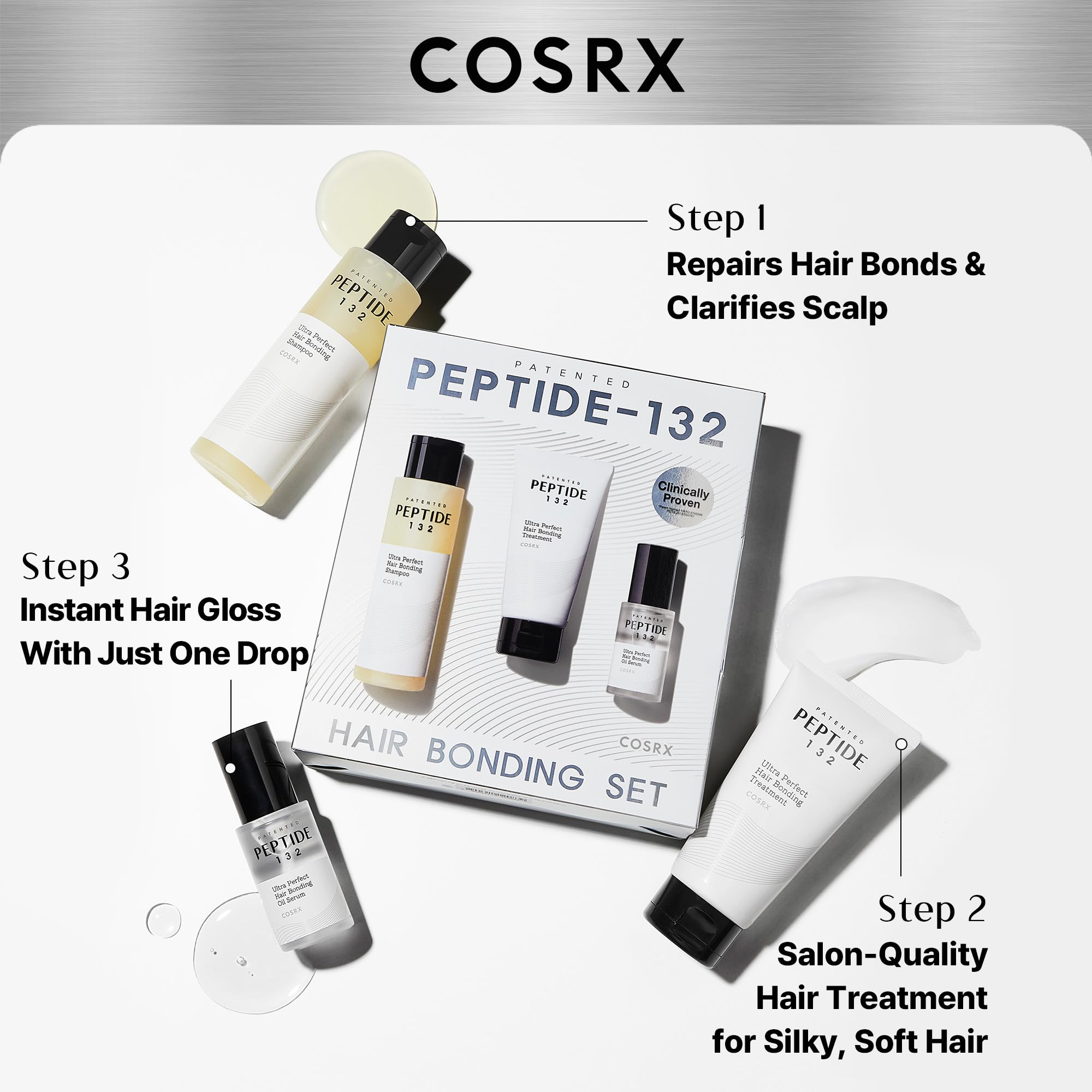 COSRX PEPTIDE 132 Hair Care Kit - Shampoo, Treatment & Oil Serum, Bond Repair Hair Gift Set for Damaged, Dry Hair, Scalp Treatment for Dandruff, Dry & Itchy Scalp, Travel Essential