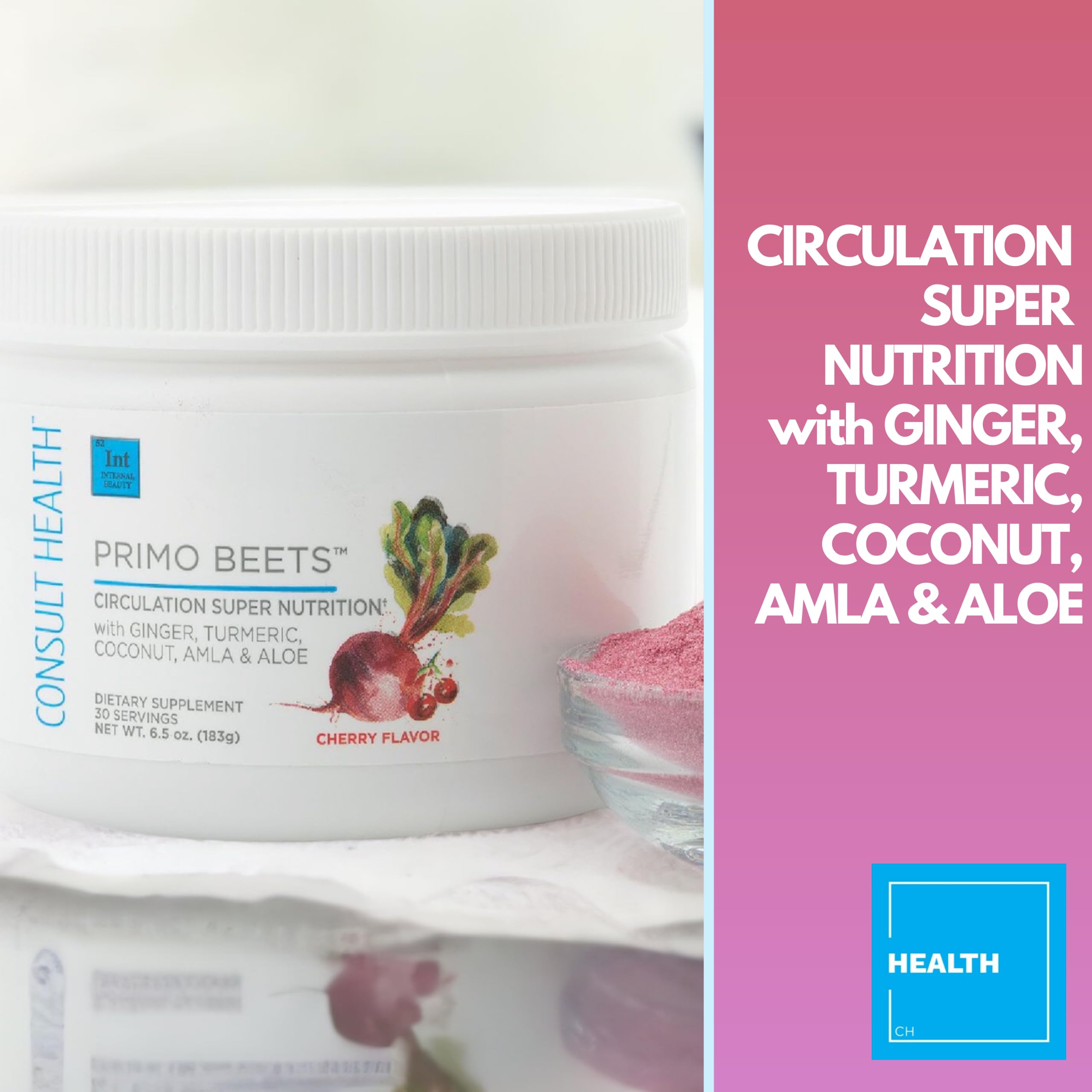 Consult Health Primo Beets Beet Root Powder, Nitric Oxide Supplements for Men & Women, Supports Circulation & Healthy Energy Levels, Drink Mix, Ginger, Turmeric, 6.5 oz.(30 Servings) Cherry Flavor