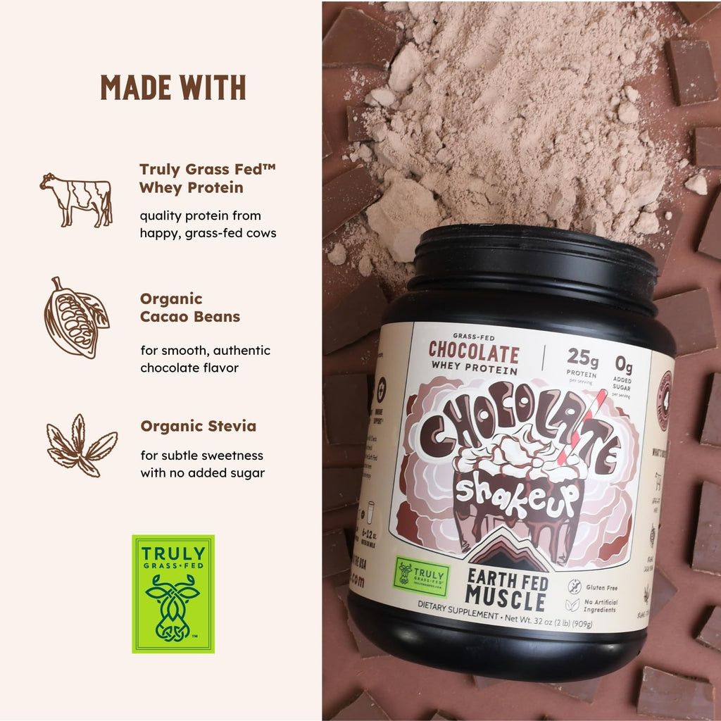 Earth Fed Muscle Chocolate Shakeup Irish Grass Fed Whey Protein Isolate, Third-Party Certified. 25g Protein, Chocolate - Non-GMO, Hormone Free, Soy Free, Gluten Free - 2 LB, 29 Servings