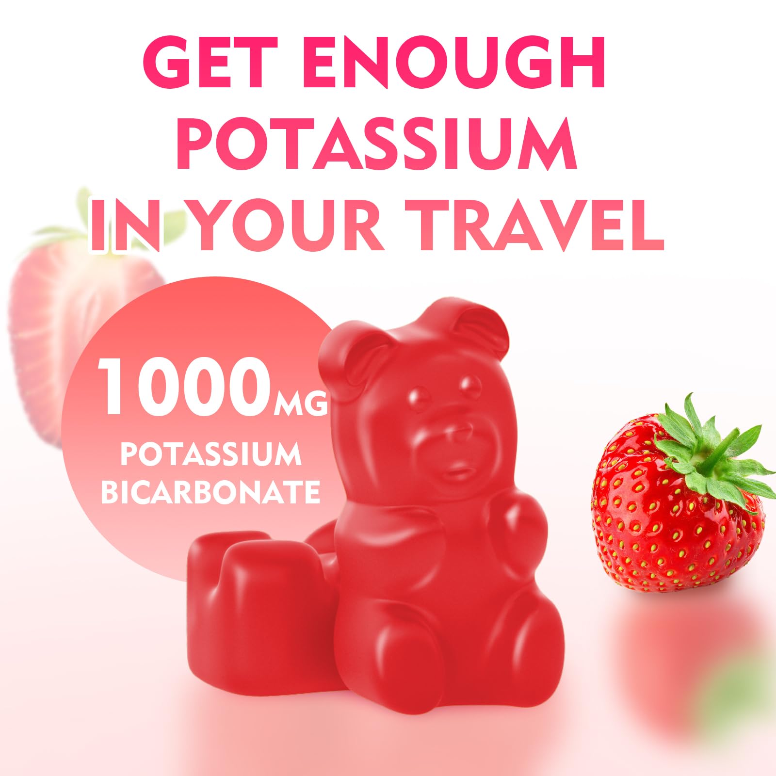 2 Pack Potassium Gummies 1000mg, Potassium Bicarbonate Supplement for Adults & Kids, Potassium Supplement for Electrolyte Balance & Muscle Heath, Sugar-Free, Strawberry Flavor, 120 Count