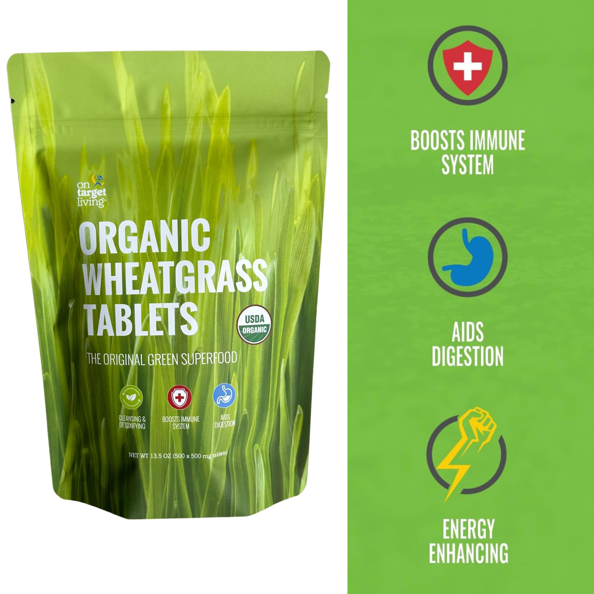 On Target Living Wheatgrass Tablets- 500 Tablets | USDA Organic |