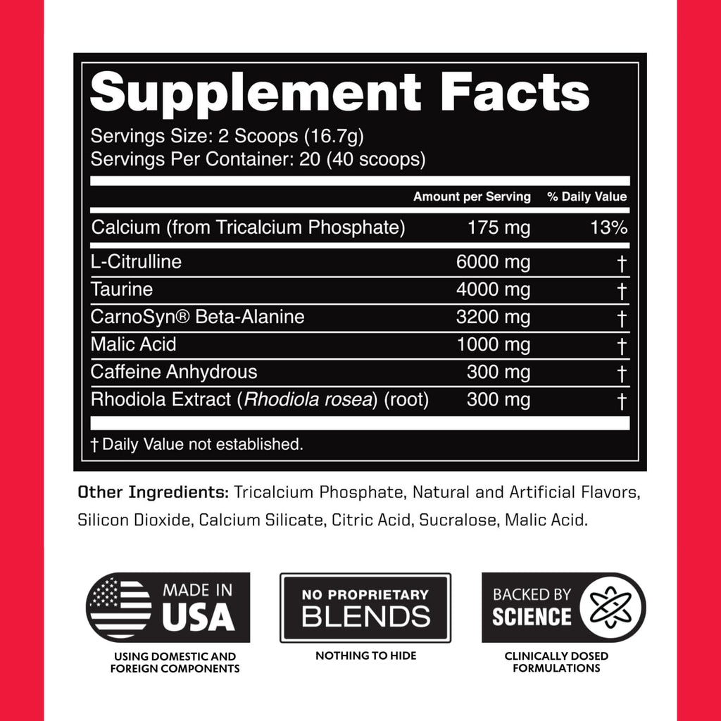 Outwork Nutrition Preworkout for Men & Women - Nootropic Pre Workout Without Creatine, Pre-Workout Powder with Taurine Rhodiola Citrulline Malate Beta Alanine Caffeine (Rocket Pop)