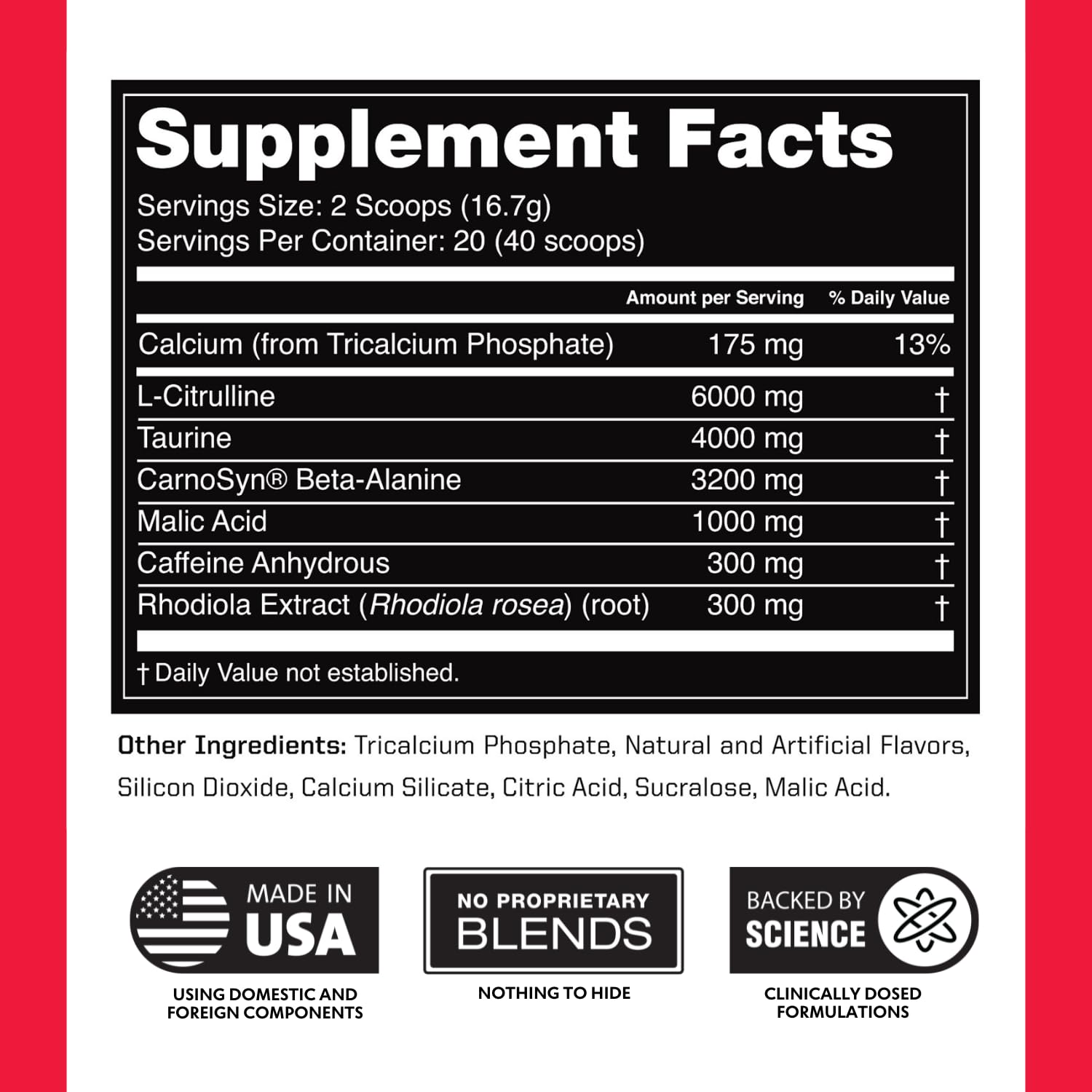 Outwork Nutrition Preworkout for Men & Women - Nootropic Pre Workout Without Creatine, Pre-Workout Powder with Taurine Rhodiola Citrulline Malate Beta Alanine Caffeine (Rocket Pop)