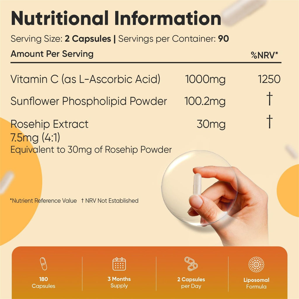 Premium Liposomales Vitamin C - 180 vegane Kapseln mit 1000mg reinem Vitamin am Tag - Laborgeprüft in Deutschland - 100% Natürliche Liposomal Vitamine für Jung & Alt - Mit Hagebutte