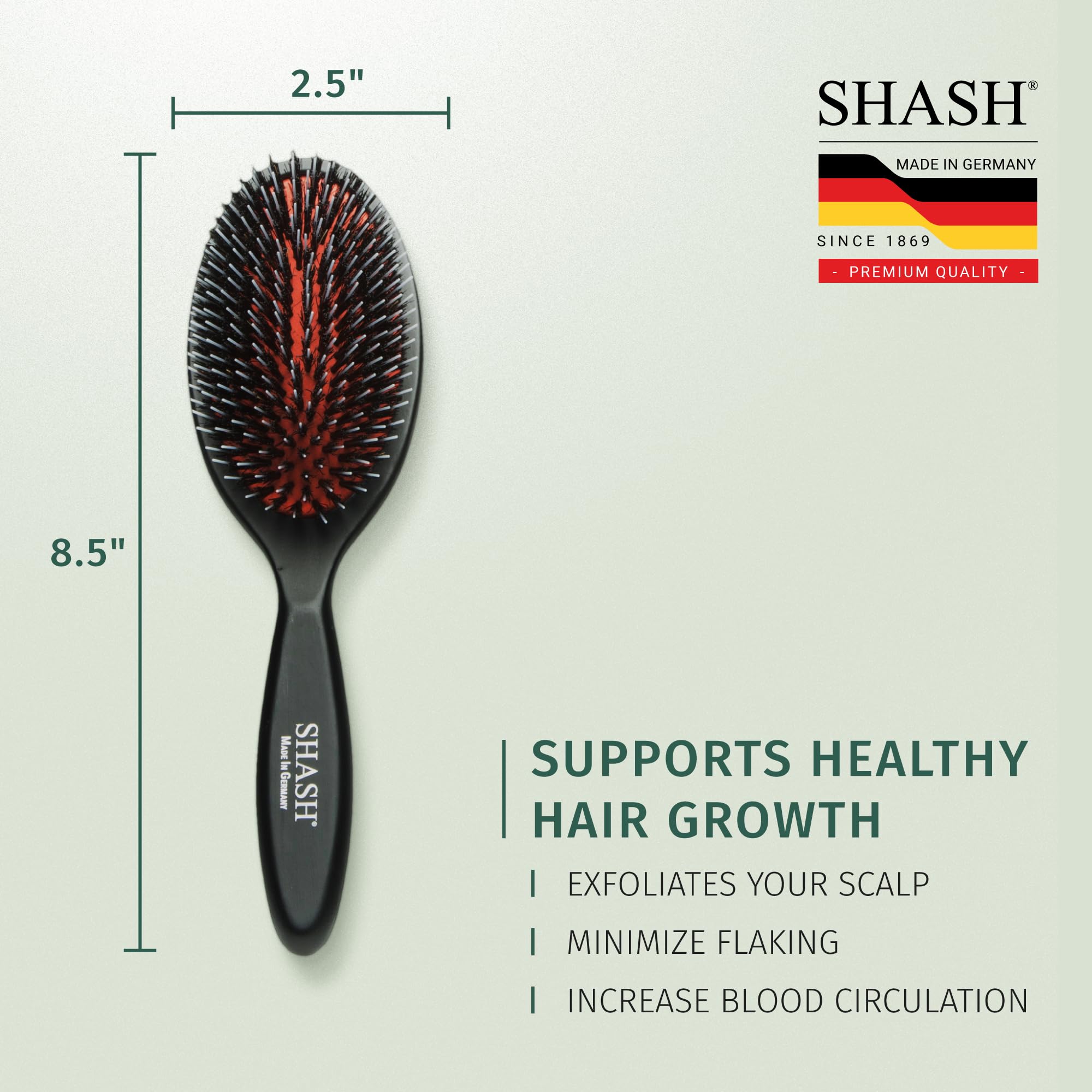 SHASH Since 1869 Hand Made In Germany - Nylon, 100% First Cut Boar Bristle Brush Suitable For Normal to Thick Hair - Gently Detangles, No Pulling or Split Ends - Softens Improves Texture, (Medium)