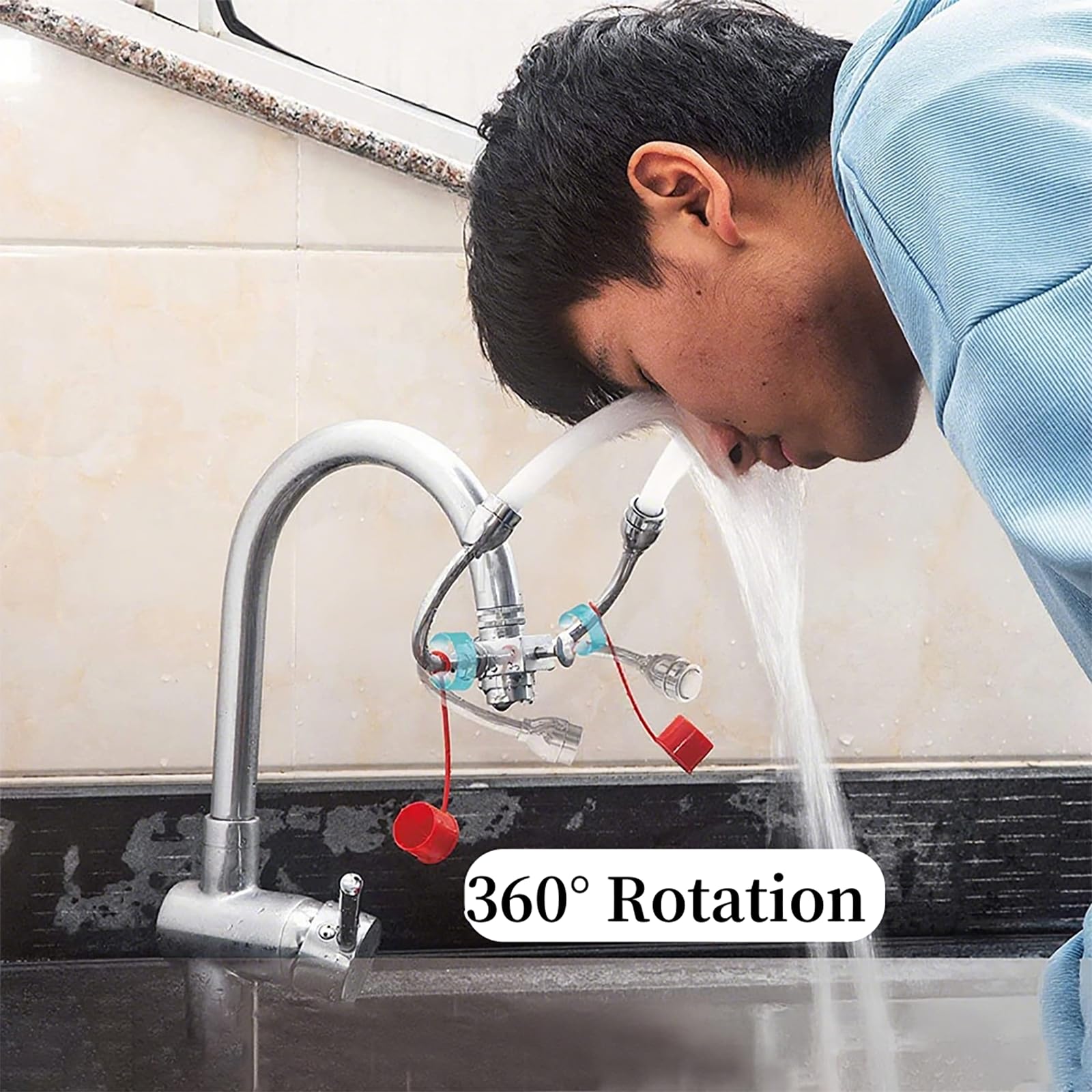 Faucet Mounted Eye Wash Station, 360° Rotation Emergency Eye Wash Unit for Sink Attachment, First Aid Eye Wash Kit with 3 Adapters for Lab Factory Office Home Laundry Room, Continuous Flow