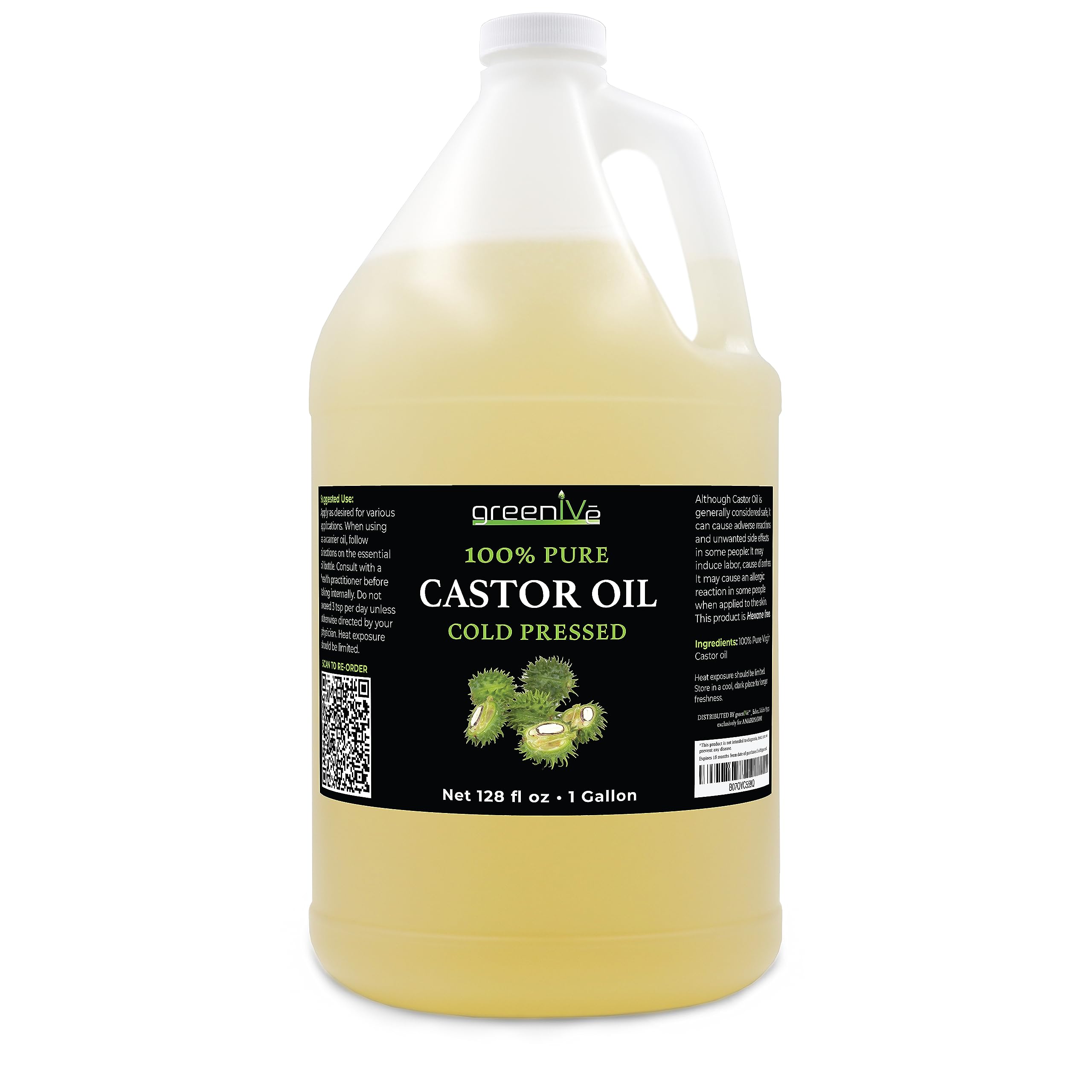 GreenIVe 100% Pure Castor Oil – Cold-Pressed, Hexane-Free – Hair, Eyebrows, Eyelashes, Skin Moisturizer, Castor Pack Wrap Oil Bulk Bottle (1 Gallon)
