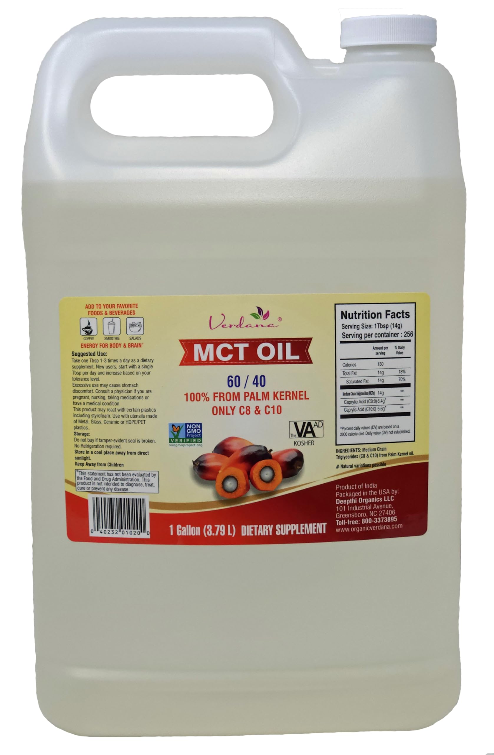 Verdana Food Grade MCT Oil – 1 Gallon (128 Fl Oz) – Premium C8/C10 Triglycerides – Keto & Paleo Friendly – Non-GMO, Kosher – Trusted Brand for Energy, Sports Nutrition, Aromatherapy & Massage