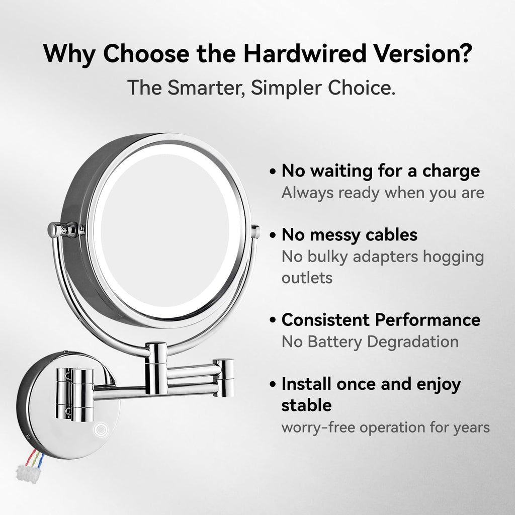 GURUN Wall Mounted Hardwired Makeup Mirror with 3 Tones Dimmable LED Lights 10x Magnifying Mirror with Touch Control for Bathroom Bedroom 13" Extendable Arm Direct Wire (10x, Chrome)