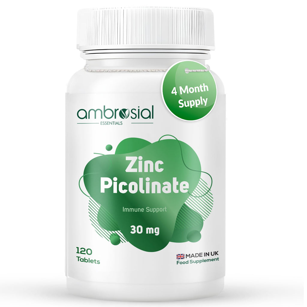 Ambrosial Zinc Picolinate Supplement 30 mg – High Strength Zinc Tablets for Women & Men – Non-GMO, GMP Certified, 120 Tablets (4 Months Supply)