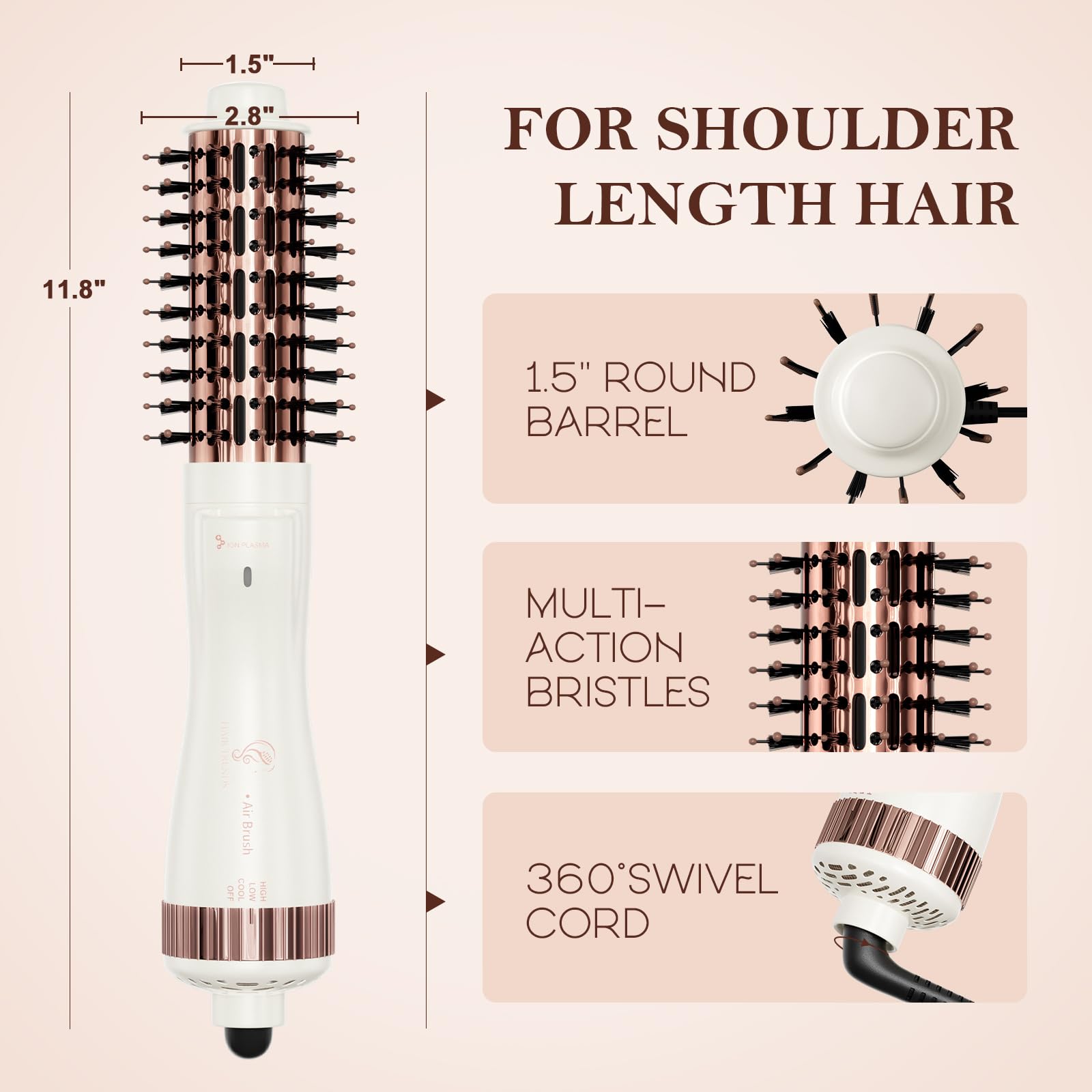 1.5 Inch Barrel (2.8'' Plus Bristles) Dual Voltage(110~250V) Round Brush Blow Dryer for Should Length Hair, Hair Dryer Brush with European Plug Adapter, 4-in-1 Negative Ionic One Step Volumizer Dryer