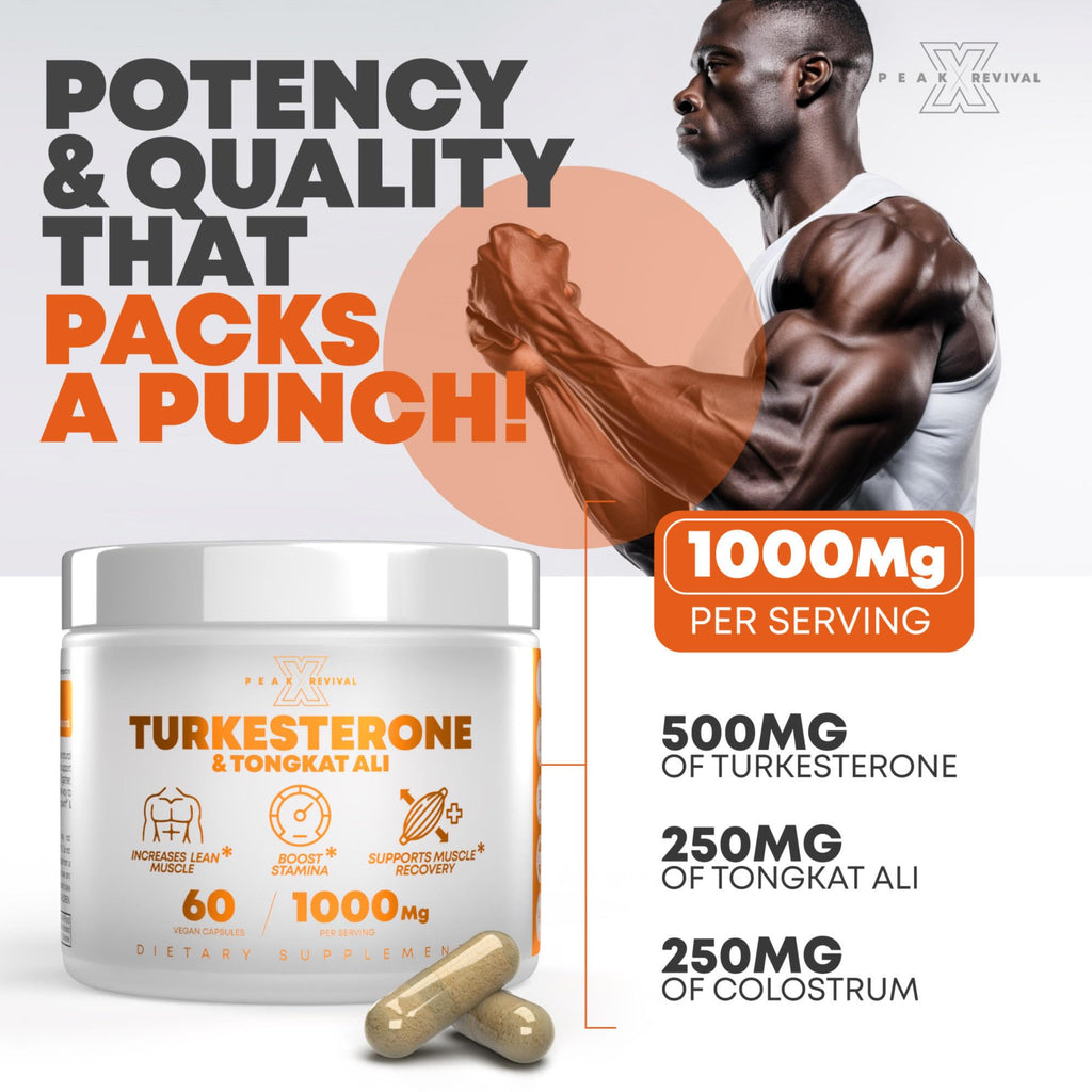 Turkesterone Tongkat Ali Supplement (500mg Ajuga Turkestanica + 250mg Tongkat Ali) 60 Capsules-Turkesterone Supplement 1000mg - Muscle Strength & Recovery Support - Made in The USA BY Peak Revival-X