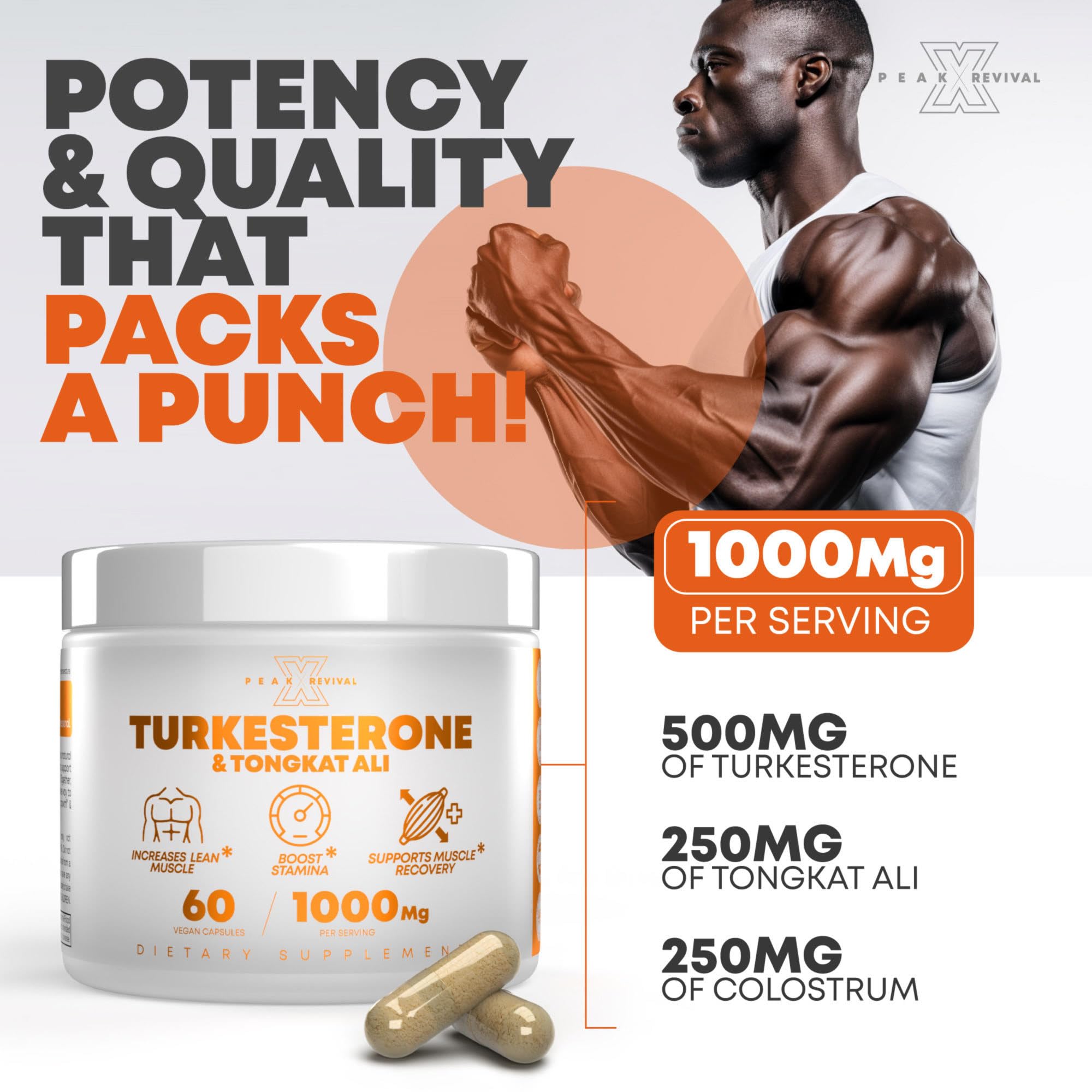 Turkesterone Tongkat Ali Supplement (500mg Ajuga Turkestanica + 250mg Tongkat Ali) 60 Capsules-Turkesterone Supplement 1000mg - Muscle Strength & Recovery Support - Made in The USA BY Peak Revival-X