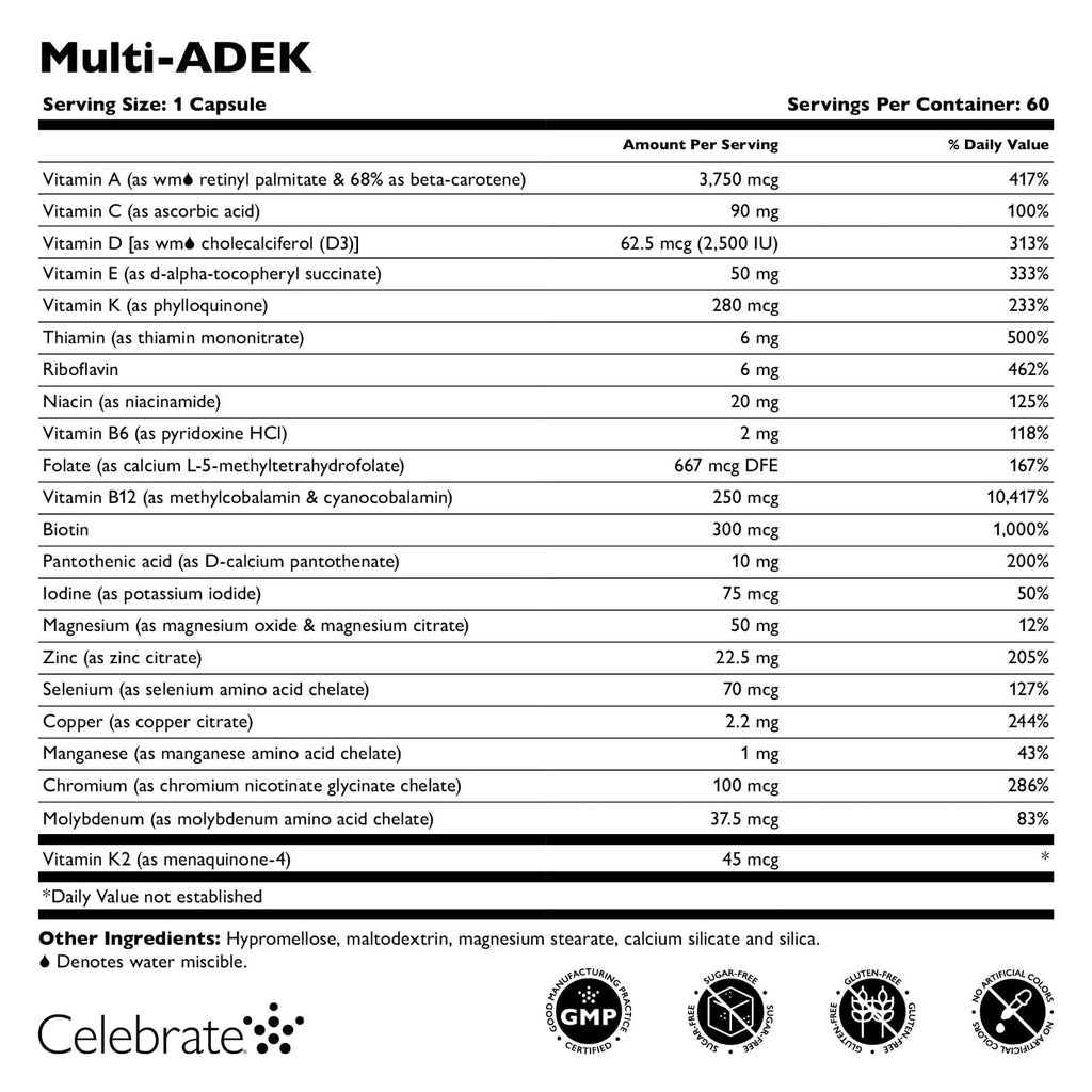 Celebrate Vitamins Multi ADEK Bariatric Multivitamin Iron Free, Easy to Swallow Veggie Capsules for Duodenal Switch & SADI Patients, Vitamins A, D, E, K & B12, 3 Months Supply (180 Capsules)