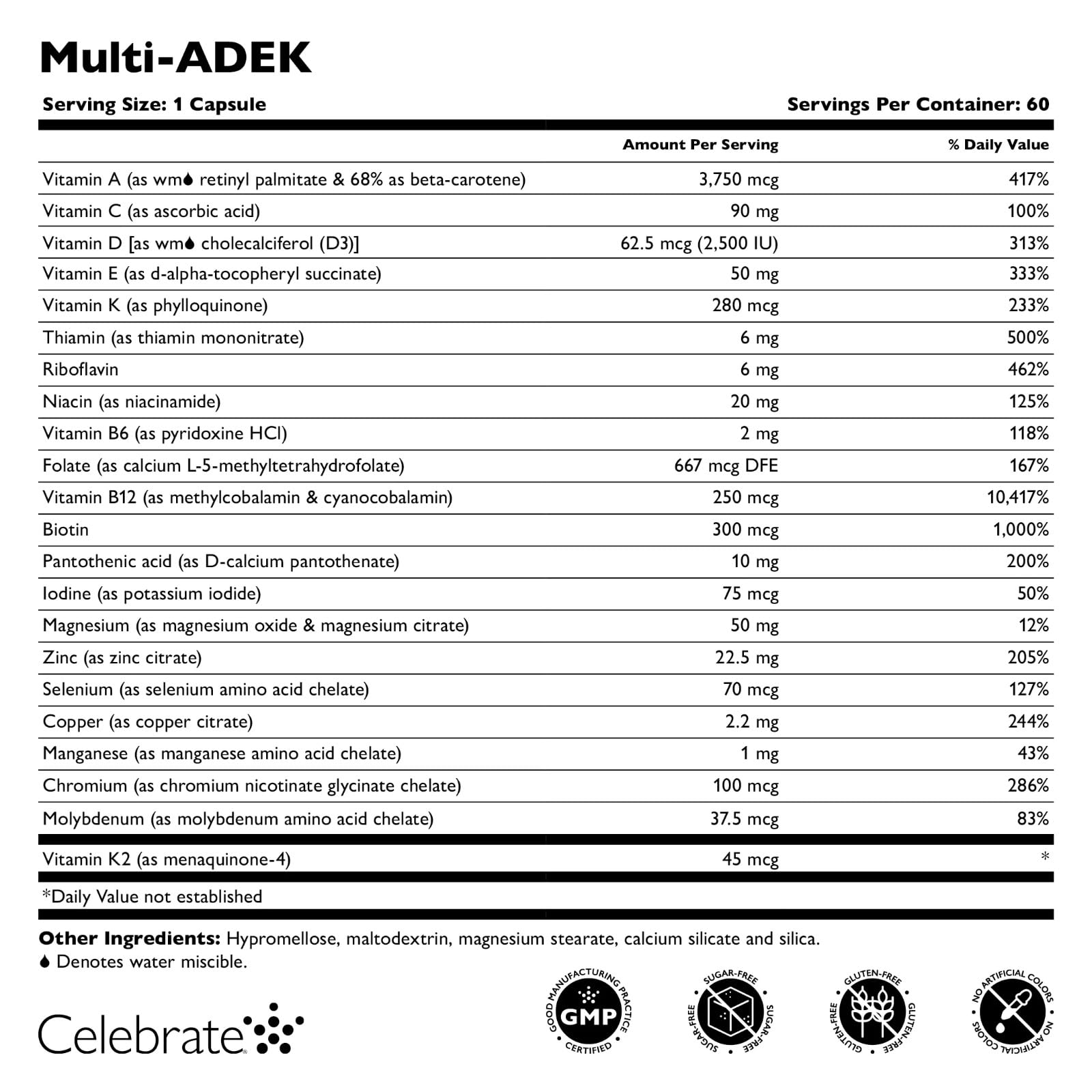 Celebrate Vitamins Multi ADEK Bariatric Multivitamin Iron Free, Easy to Swallow Veggie Capsules for Duodenal Switch & SADI Patients, Vitamins A, D, E, K & B12, 3 Months Supply (180 Capsules)