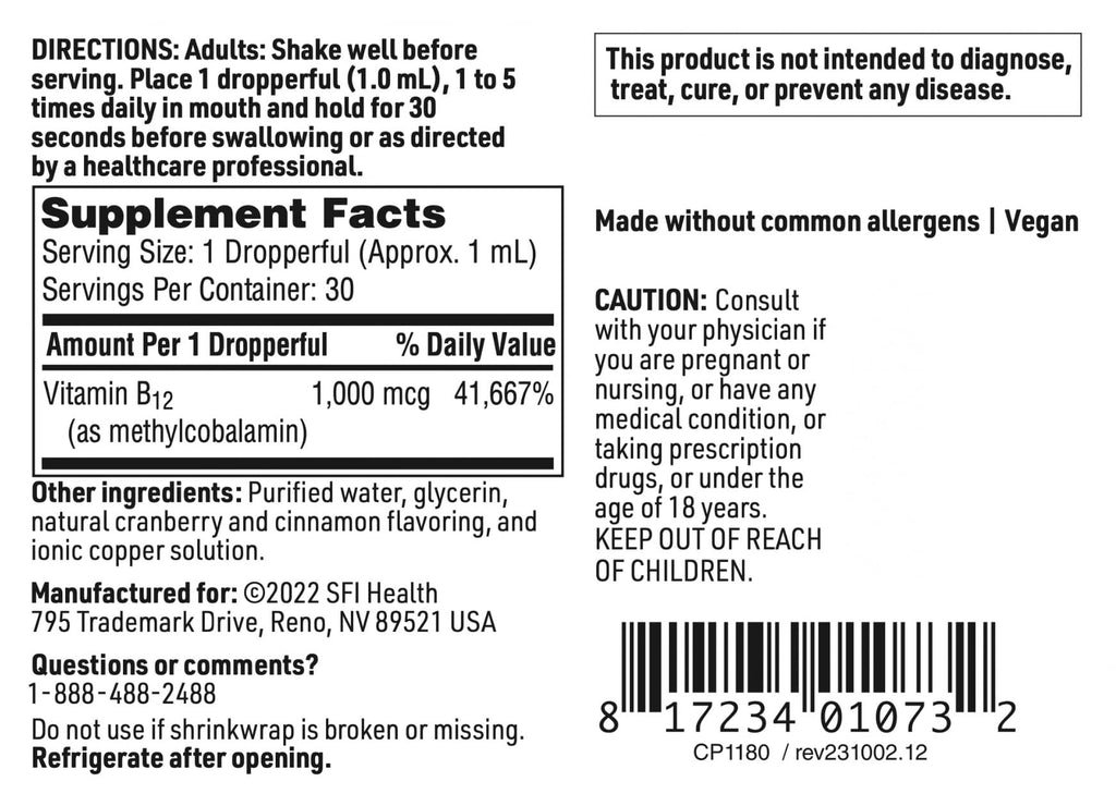 Klaire Labs SFI Health Vitamin B12 Liquid Drops 1mg - Methyl B12 Drops, 1000mcg Active Methylcobalamin - Liquid Delivery for Efficient Absorption - Hypoallergenic (30ml / 1 fl oz)
