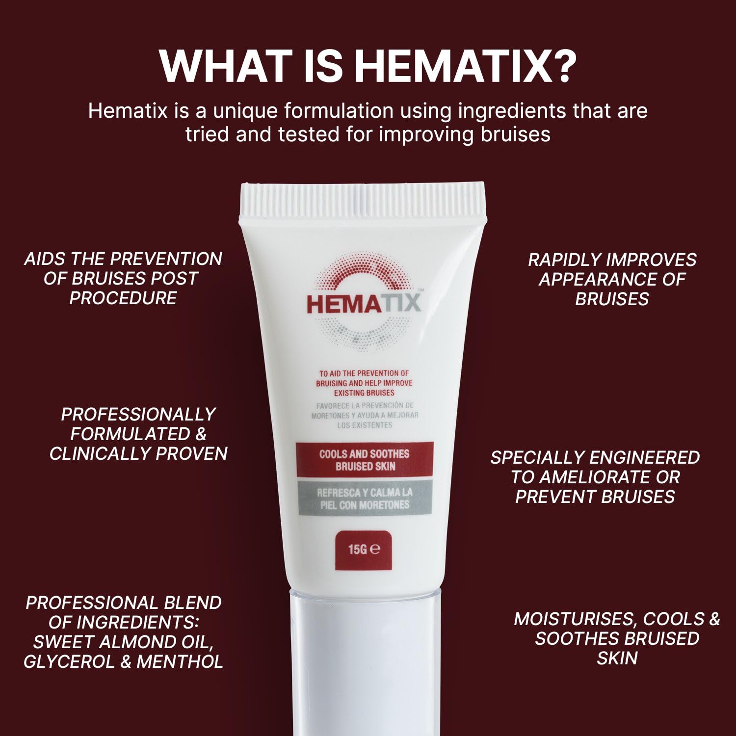 HEMATIX Bruise Cream - 15g - Clinically Proven Advanced Healing Formula with Glycerol and menthol for Bruise Prevention - High Strength Natural Anti Bruise Treatment Balm Gel for Healing