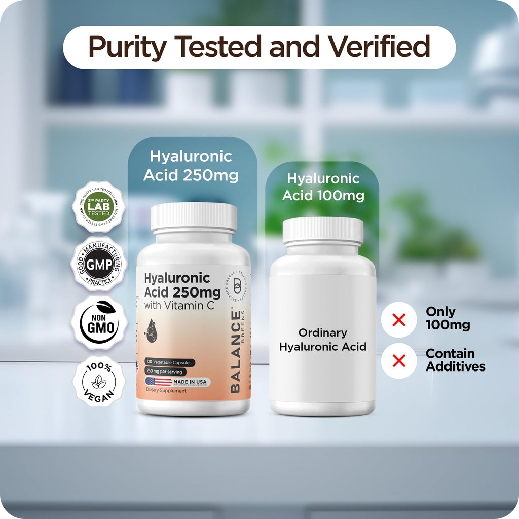 Pure Hyaluronic Acid Supplement 250mg with Vitamin C 50mg, 120 Vegan Capsules - Skin Hydration for Natural Glow, Hair, Nails, Bone and Joint Health Formula