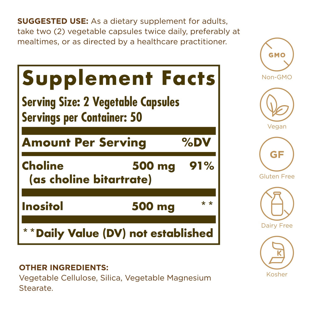 Solgar Choline/Inositol 500 mg/500 mg, 100 Vegetable Capsules (Pack of 2) - Energy Metabolism, Liver Health, Essential for Brain & Nerve Function - Non-GMO, Vegan, Kosher - 100 Total Servings
