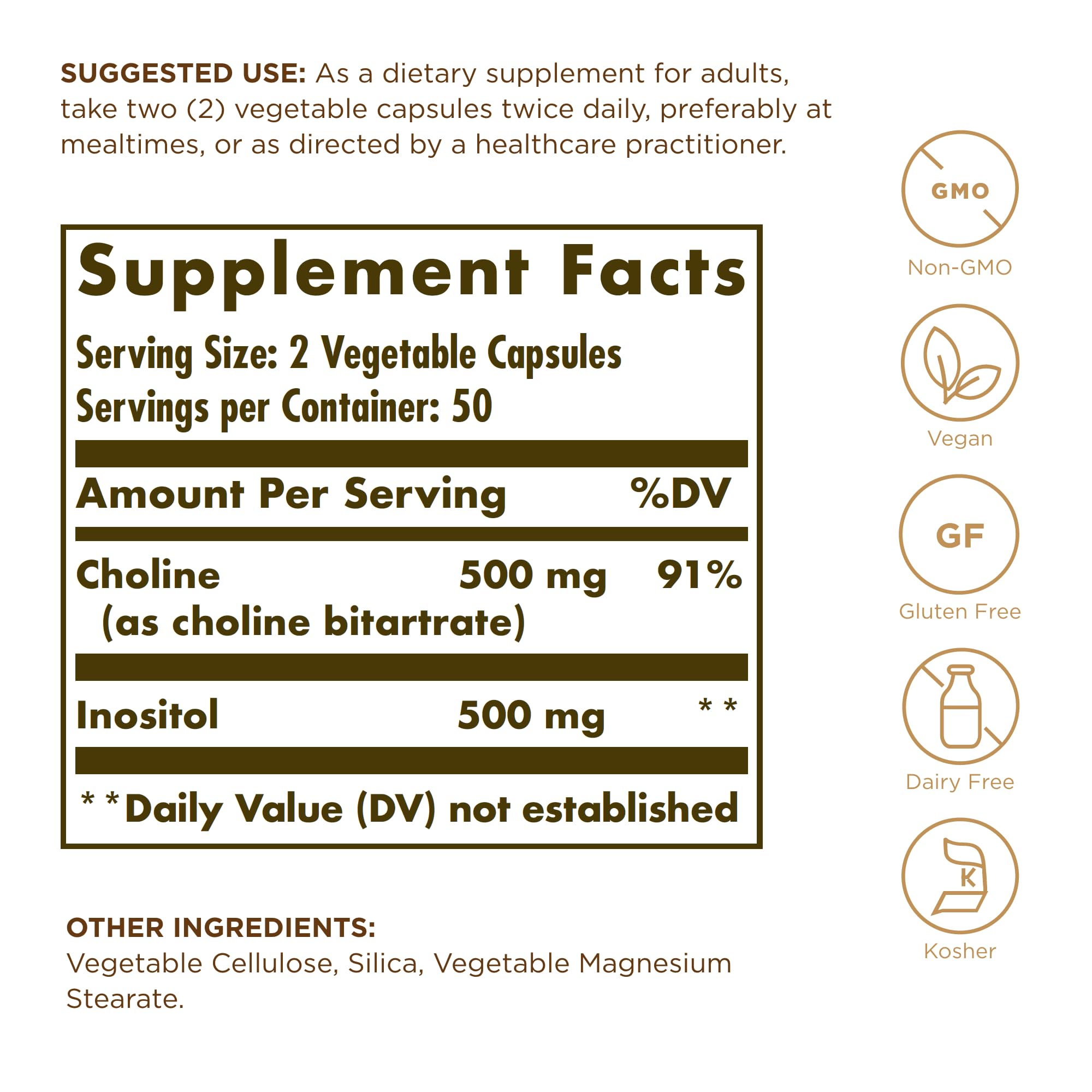 Solgar Choline/Inositol 500 mg/500 mg, 100 Vegetable Capsules (Pack of 2) - Energy Metabolism, Liver Health, Essential for Brain & Nerve Function - Non-GMO, Vegan, Kosher - 100 Total Servings