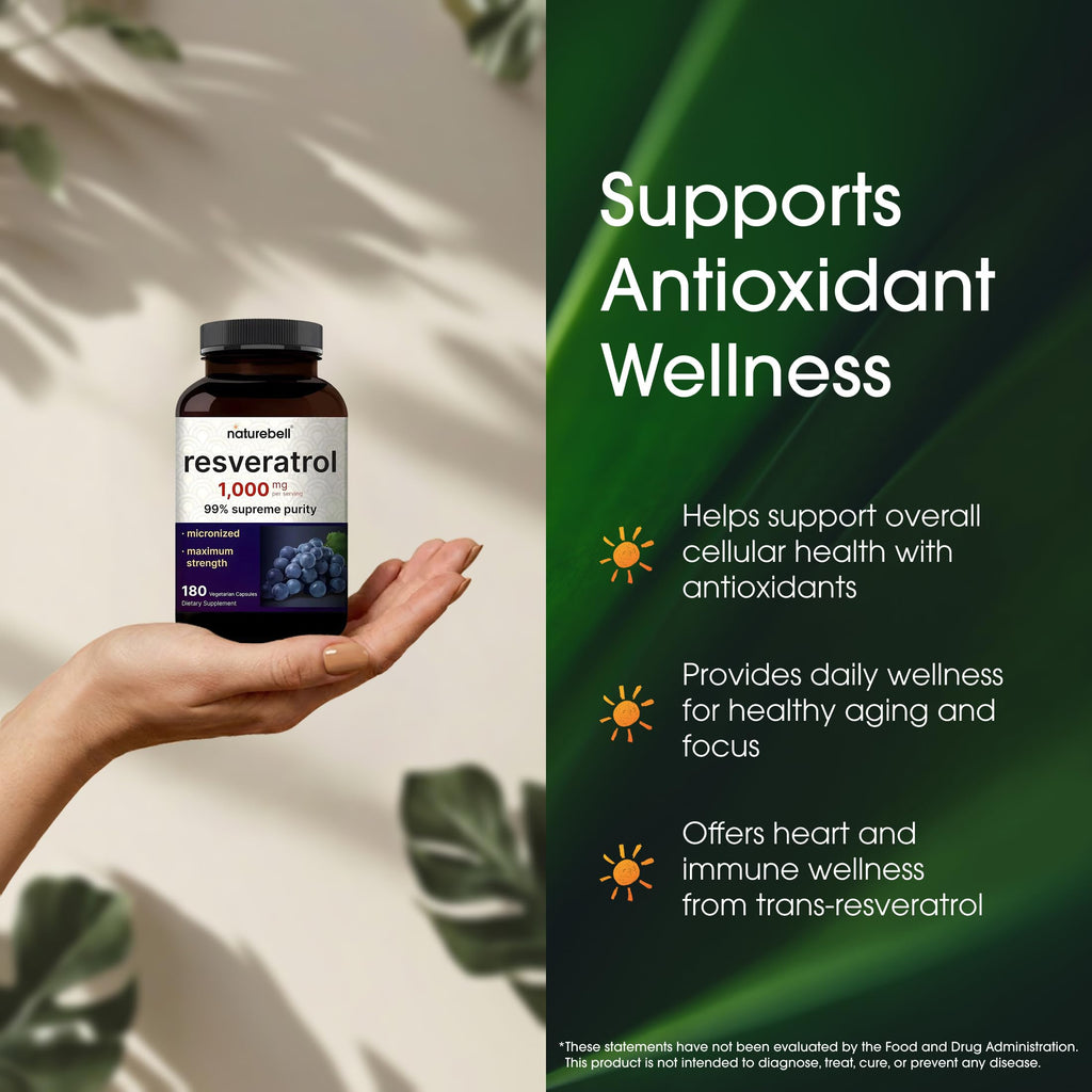 NatureBell Resveratrol - 180 Vegetarian Capsules - 1,000mg Polygonum Cuspidatum Extract - Antioxidant Support - Heart, Brain & Immune Wellness*