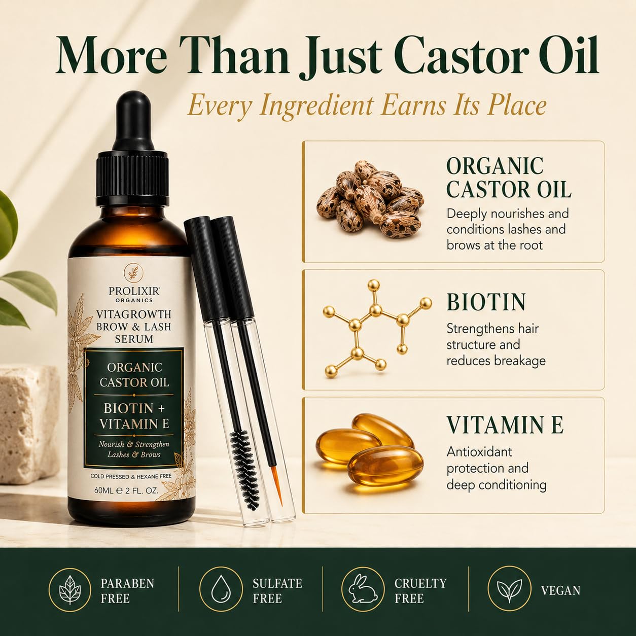 Prolixir 60ml Organic Castor Oil with Biotin & Vitamin E Serum for Eyebrow & EyeLash Growth