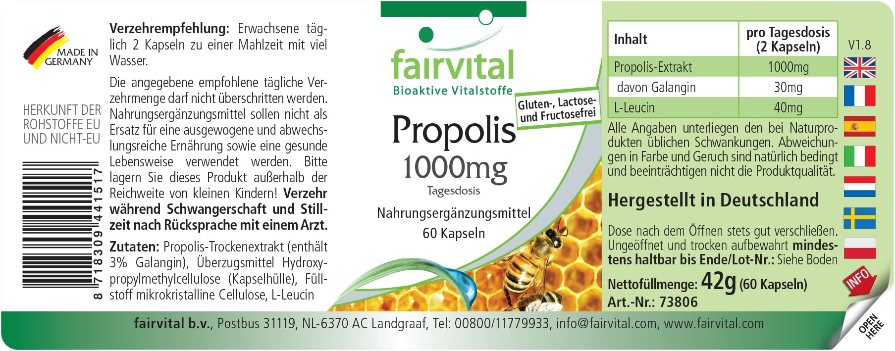 Fairvital | Bee Propolis Capsules - 500mg - HIGH Dosage - 3 x 60 Capsules
