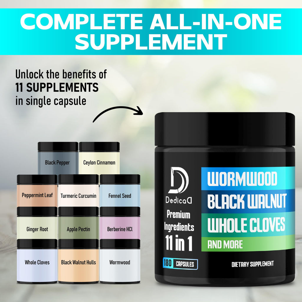 DEDICAD 11in1 Wormwood Capsules - 180 Capsules Extracted from Black Walnut, Cloves, Ginger, Turmeric, Apple, Berberine HCl & More - Support Immune System for 3 Months