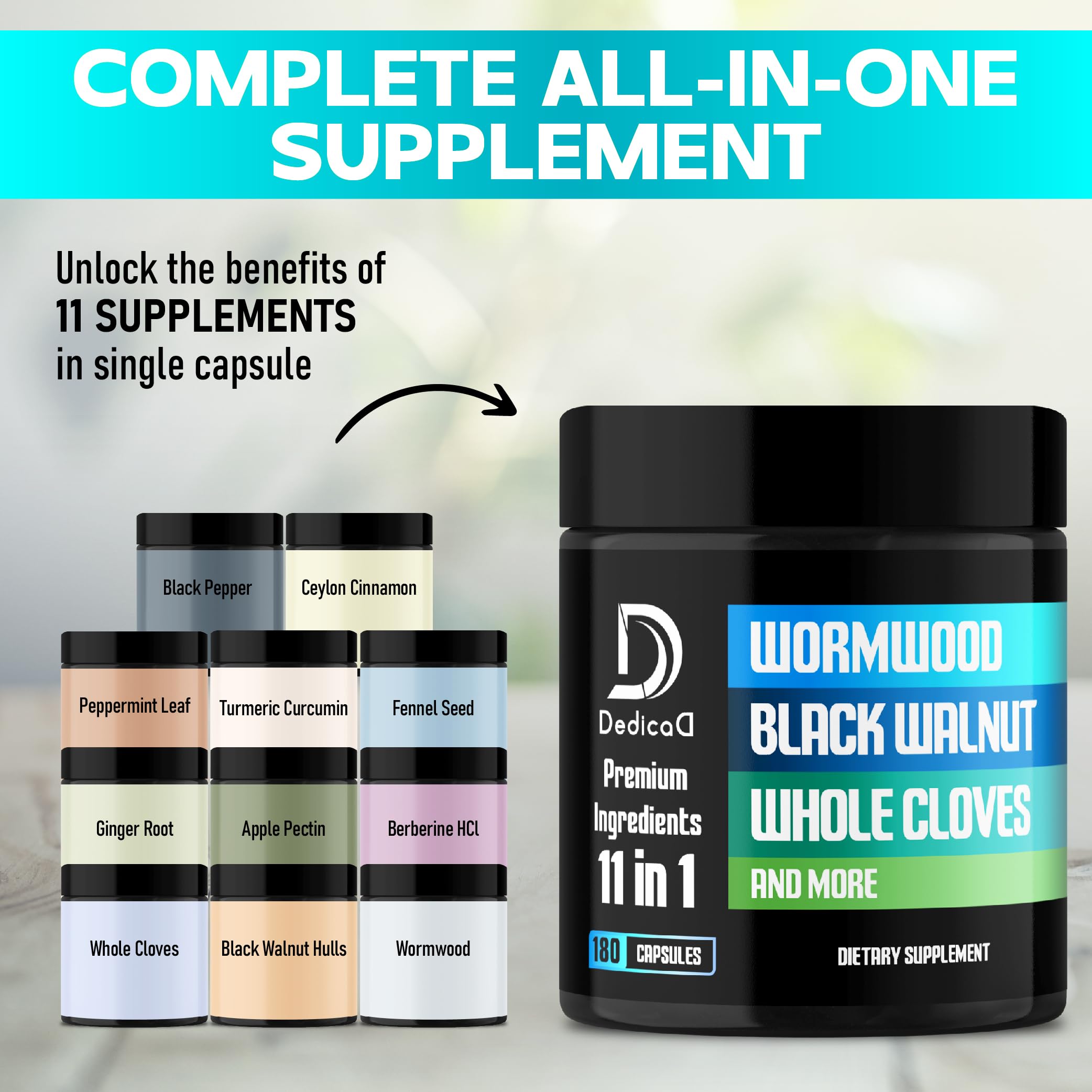 DEDICAD 11in1 Wormwood Capsules - 180 Capsules Extracted from Black Walnut, Cloves, Ginger, Turmeric, Apple, Berberine HCl & More - Support Immune System for 3 Months