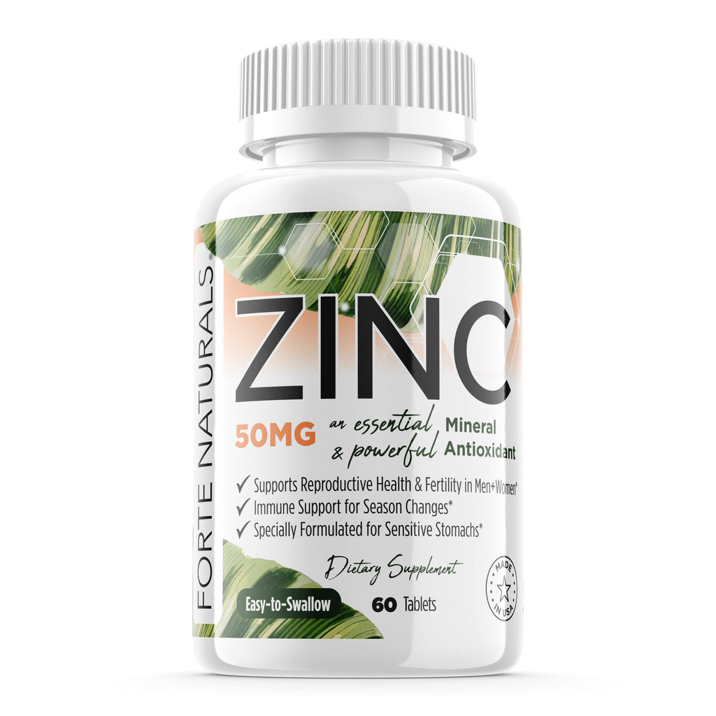 FORTE NATURALS Zinc 50mg Tablets for Sensitive Stomachs Gentle No Nausea Supplement Formula for GLP1 Users Easy-to-Tolerate Made in the USA 60 Tablets 2 Month Supply NO Tummy Trouble Supplements