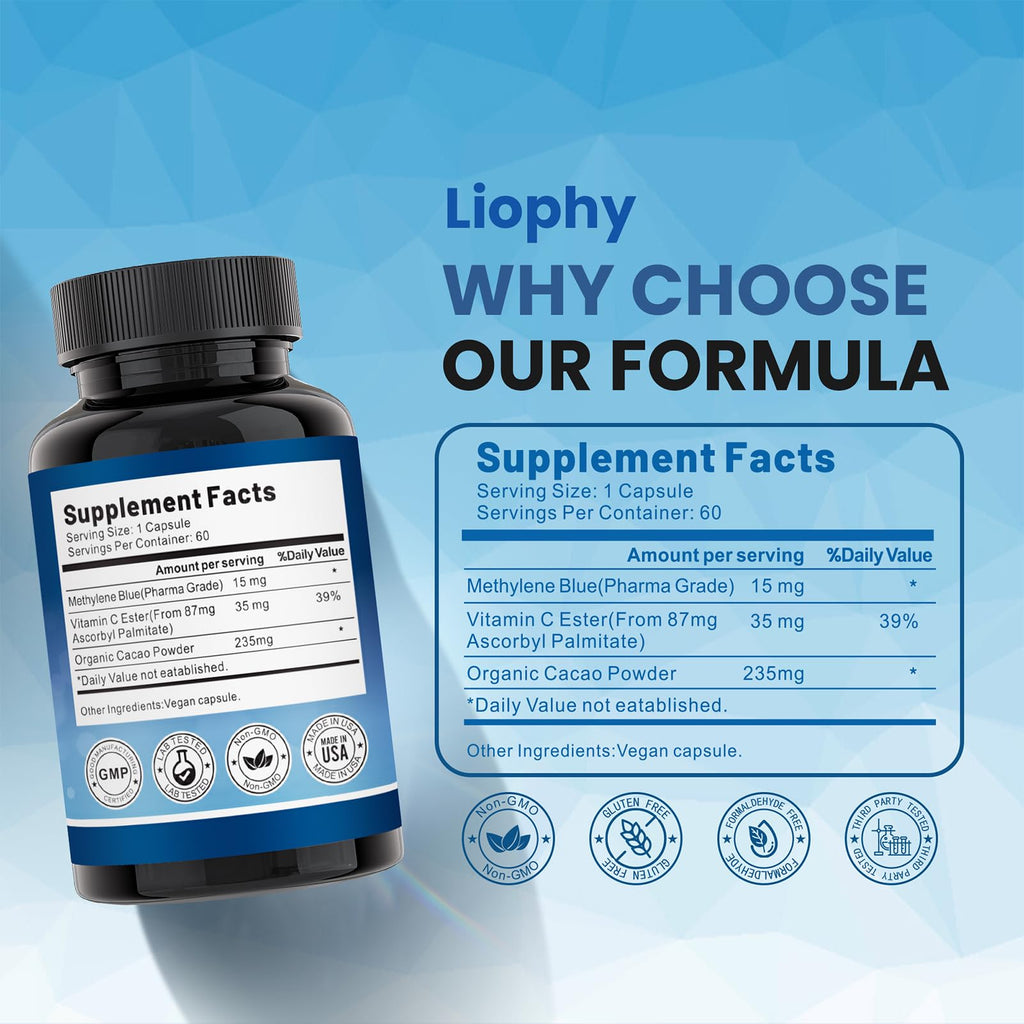 Liophy Methylene Blue Capsules — Premium Quality Methylene Blue with Vitamin C Ester, Dietary Supplement, 60 Easy‑to‑Swallow Capsules