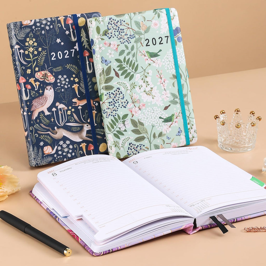 ZXHQ 2027 Diary Page a Day A5, Full Year Daily Planner 2027 with Monthly View, Jan - Dec, with Colorful Tabs, UK Holidays, Inner Pocket, 100 Gsm Paper, Pen Set, 5.9" × 8.5"- Spring Garden