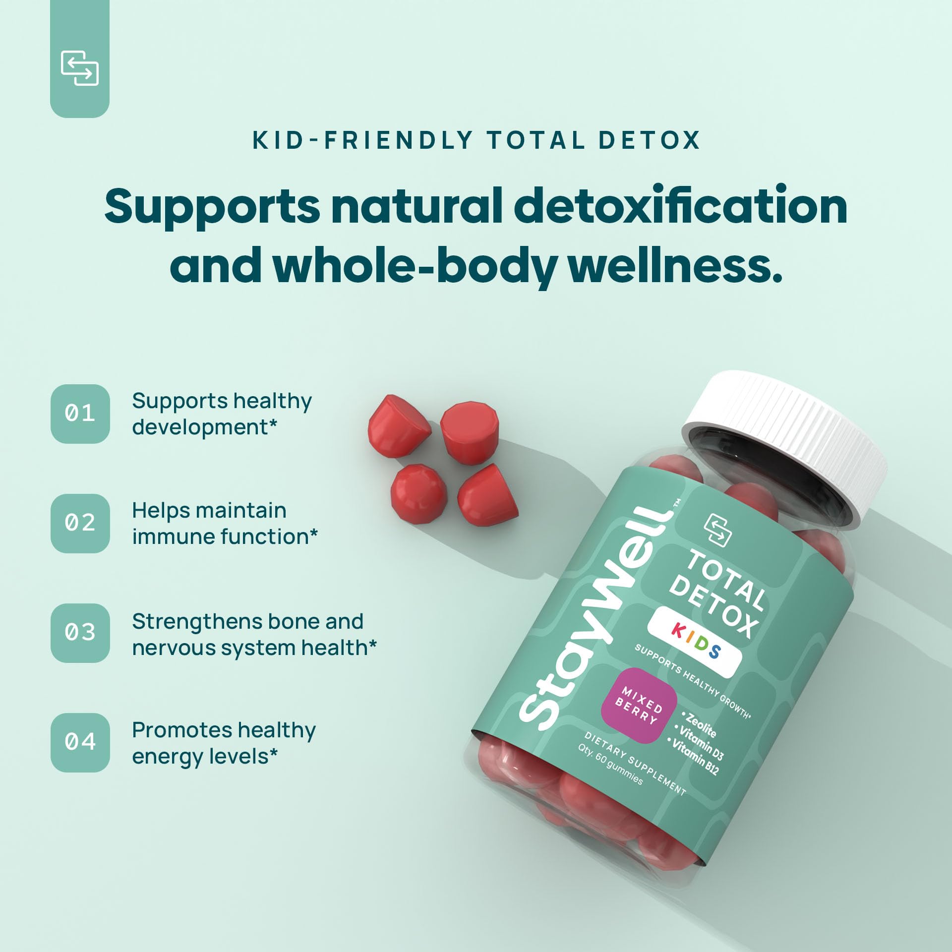 Stay-Well Naturals Natural Zeolite Heavy Metal Detox Kids, Chewable Gummy, Micronized Zeolite, Total Body Metal Cleanse, Toxin Cleanse, Non-GMO, 60 Mixed Berry Gummies