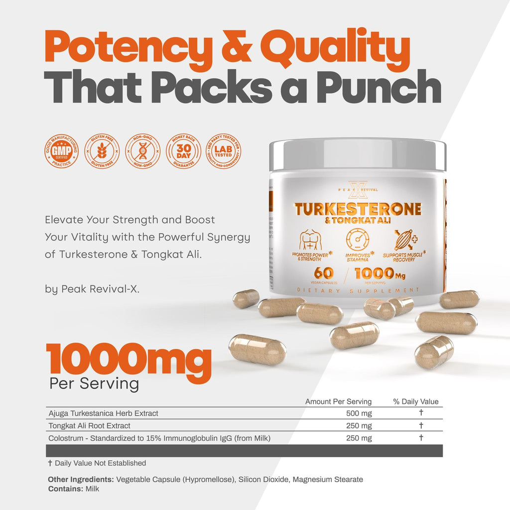 Turkesterone Tongkat Ali Supplement (500mg Ajuga Turkestanica + 250mg Tongkat Ali) 60 Capsules-Turkesterone Supplement 1000mg - Muscle Strength & Recovery Support - Made in The USA BY Peak Revival-X