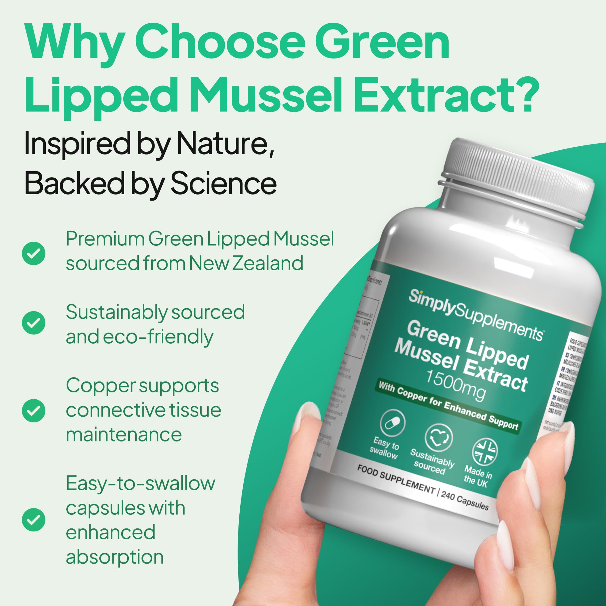 Green Lipped Mussel 1500mg with Copper | 240 Capsules | 80 Days' Supply