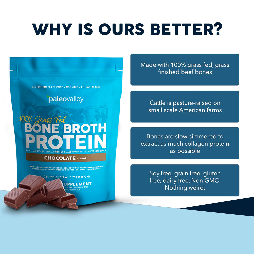Paleovalley 100% Grass Fed Beef Bone Broth Protein Powder - Rich in Collagen Peptides for Hair, Skin, Gut Health, Bone and Joint Support - 13g Protein Per Serving - No Gluten or GMOs - Chocolate
