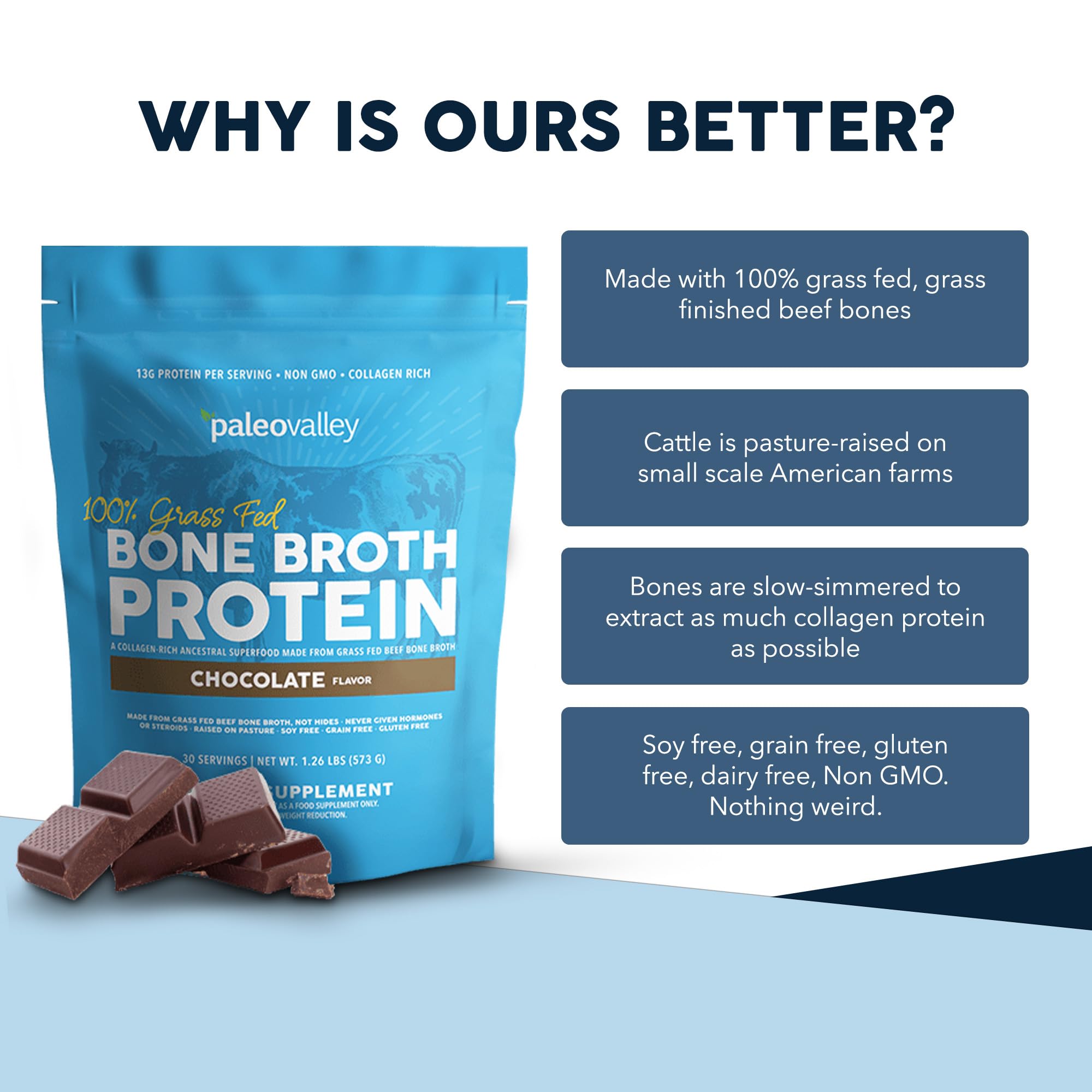 Paleovalley 100% Grass Fed Beef Bone Broth Protein Powder - Rich in Collagen Peptides for Hair, Skin, Gut Health, Bone and Joint Support - 13g Protein Per Serving - No Gluten or GMOs - Chocolate