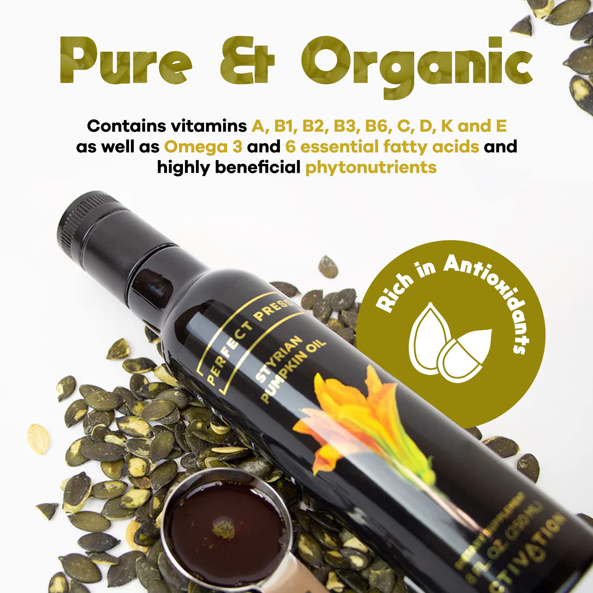 Activation Products, Perfect Press Styrian Pumpkin Oil – Powerful Antioxidant Pumpkin Seed Supplement – Organic, Vegan Liquid Pumpkin Seed Oil for Prostate, Bladder and Kidney Health, 250ml / 8 Fl.Oz.