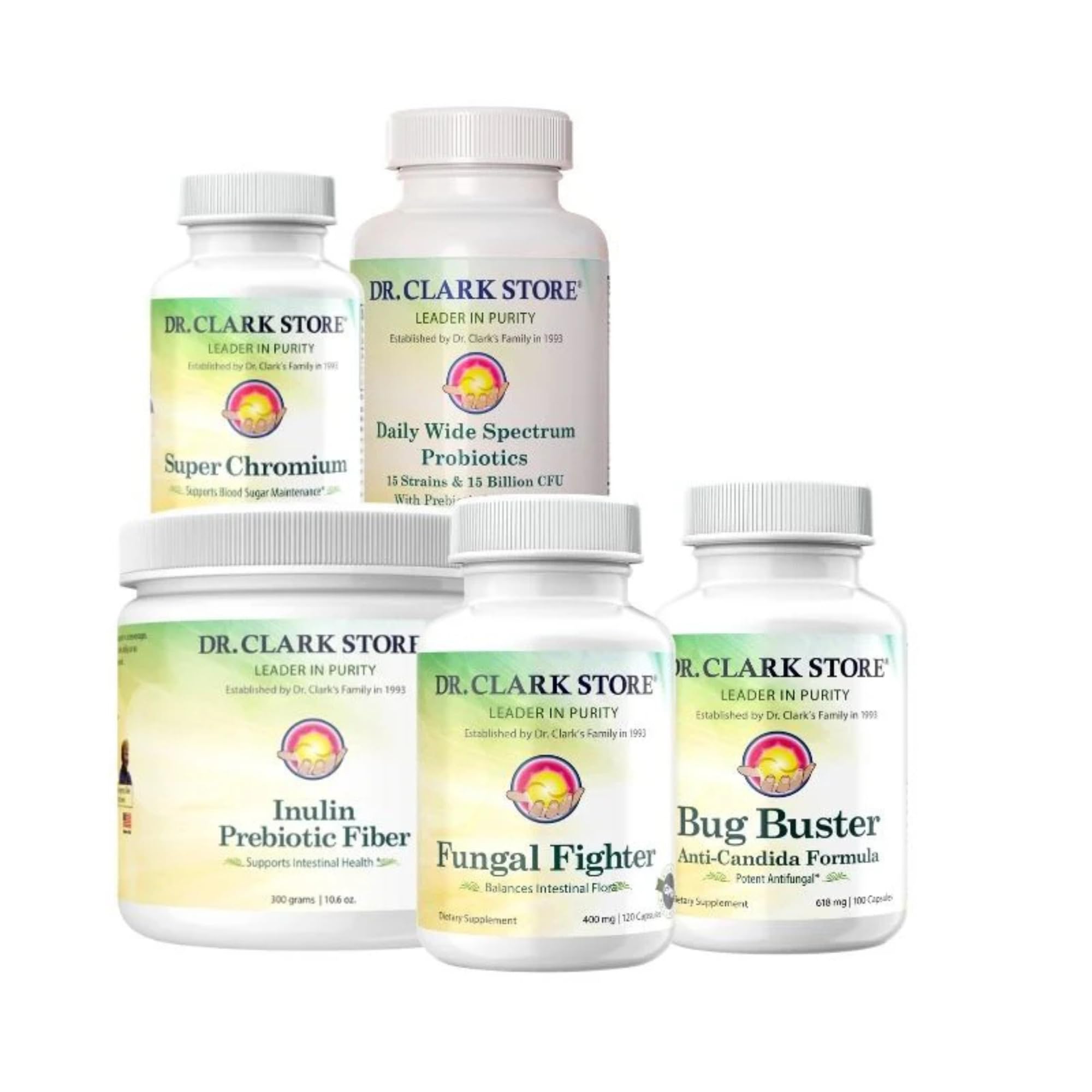 Dr Clark Store Candida Cleanse Kit with Probiotics, 4 Supplements - 380 Capsules + 1 Powder 300g, Non-GMO, Solvent-Free, Additive-Free, Made in USA Since 1993