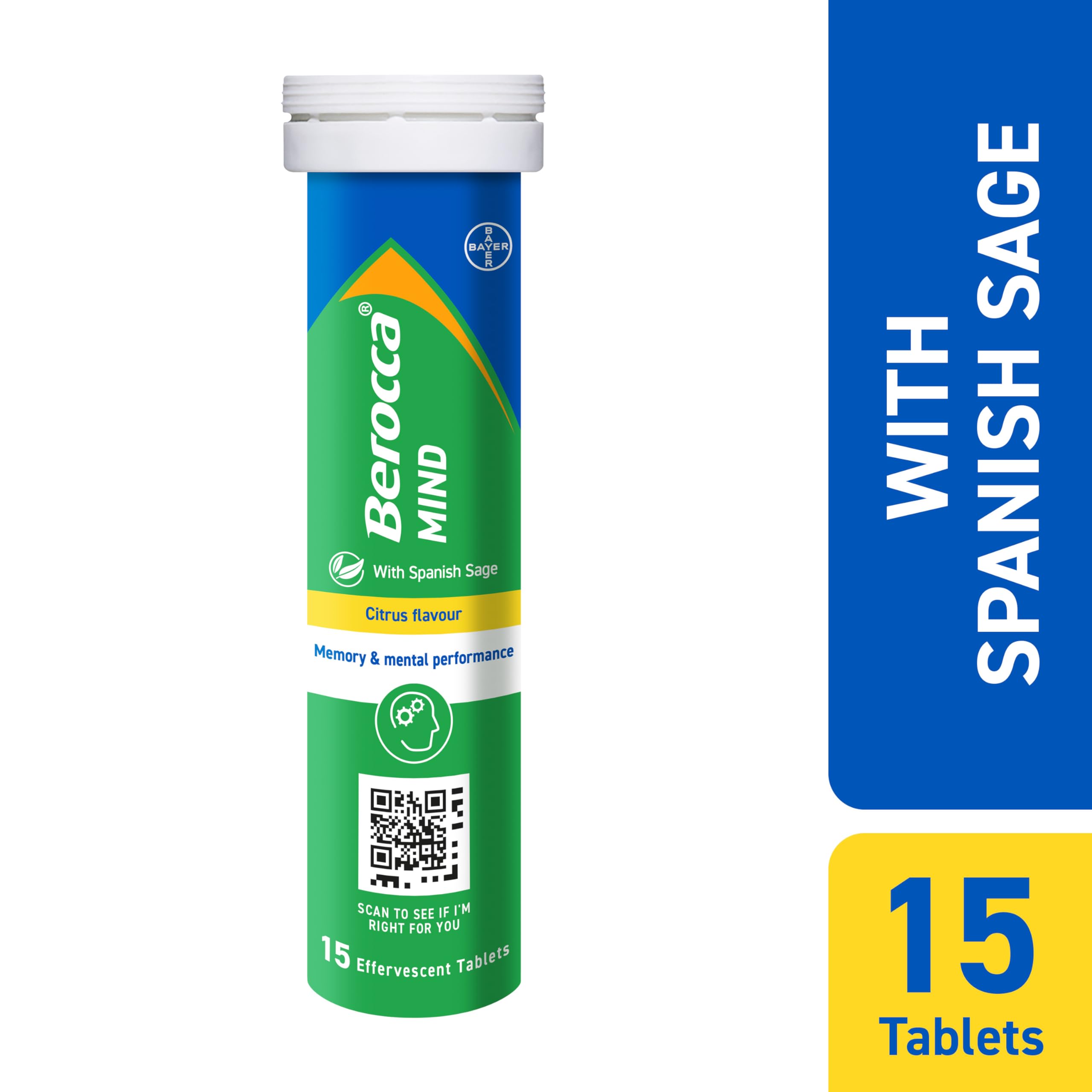 Berocca Mind Effervescent Tablets Including B Vitamins, with Spanish Sage to Support Memory and Mental Performance - 15 Tablets - Citrus Flavour