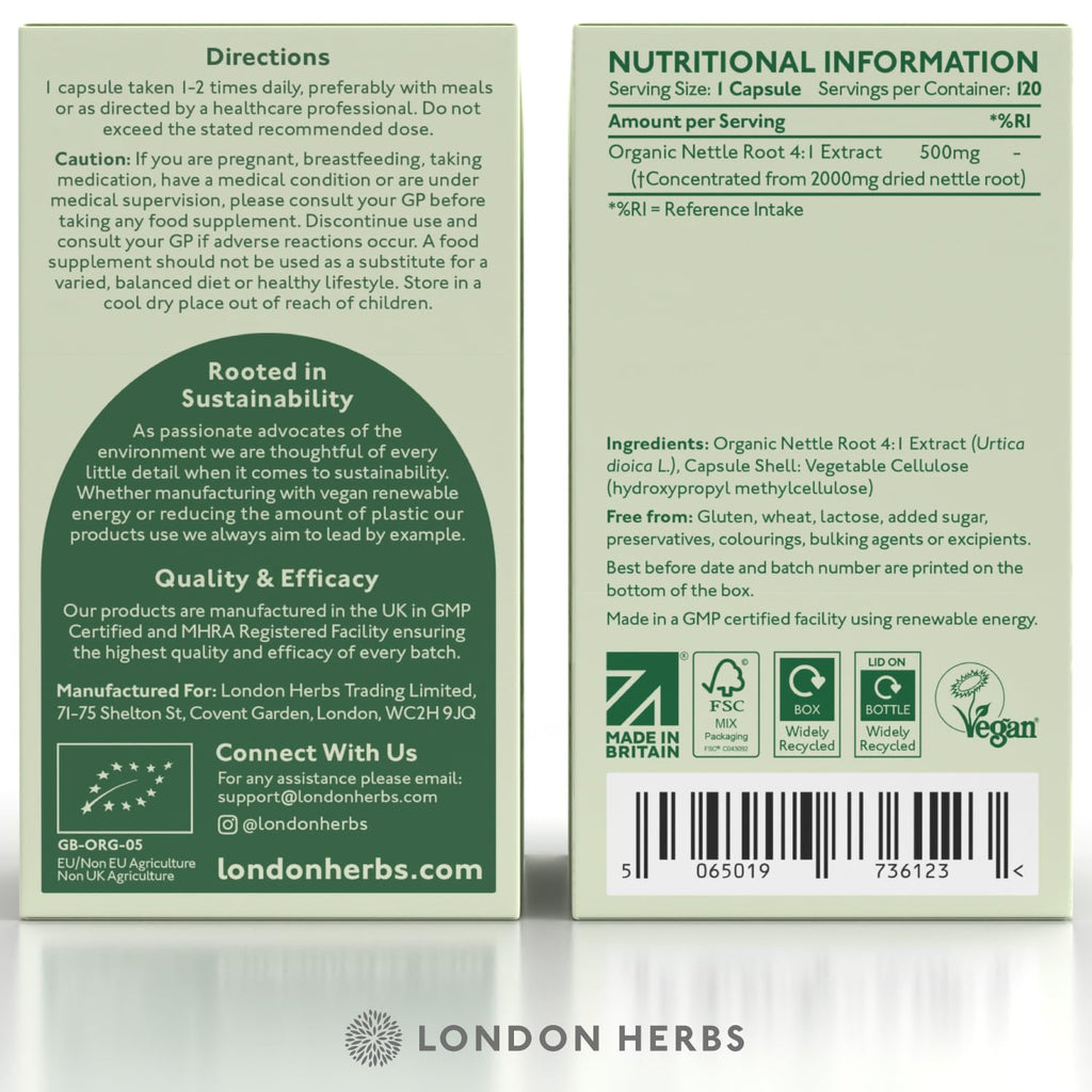 Organic Stinging Nettle Root Extract 2000mg | High Strength 4:1 Extract Stinging Nettle Supplement | 120 Vegan Capsules | Made in The UK