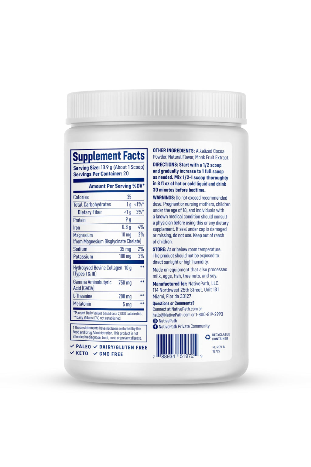 NativePath Collagen PM Chocolate with Melatonin, 20 Servings
