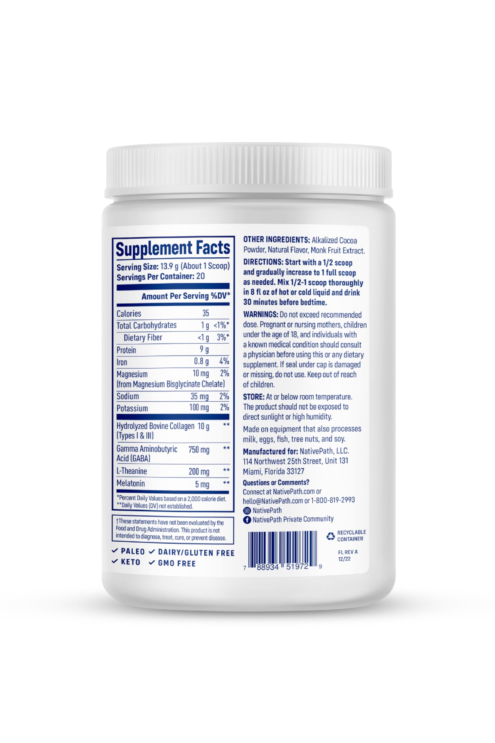 NativePath Collagen PM Chocolate with Melatonin, 20 Servings