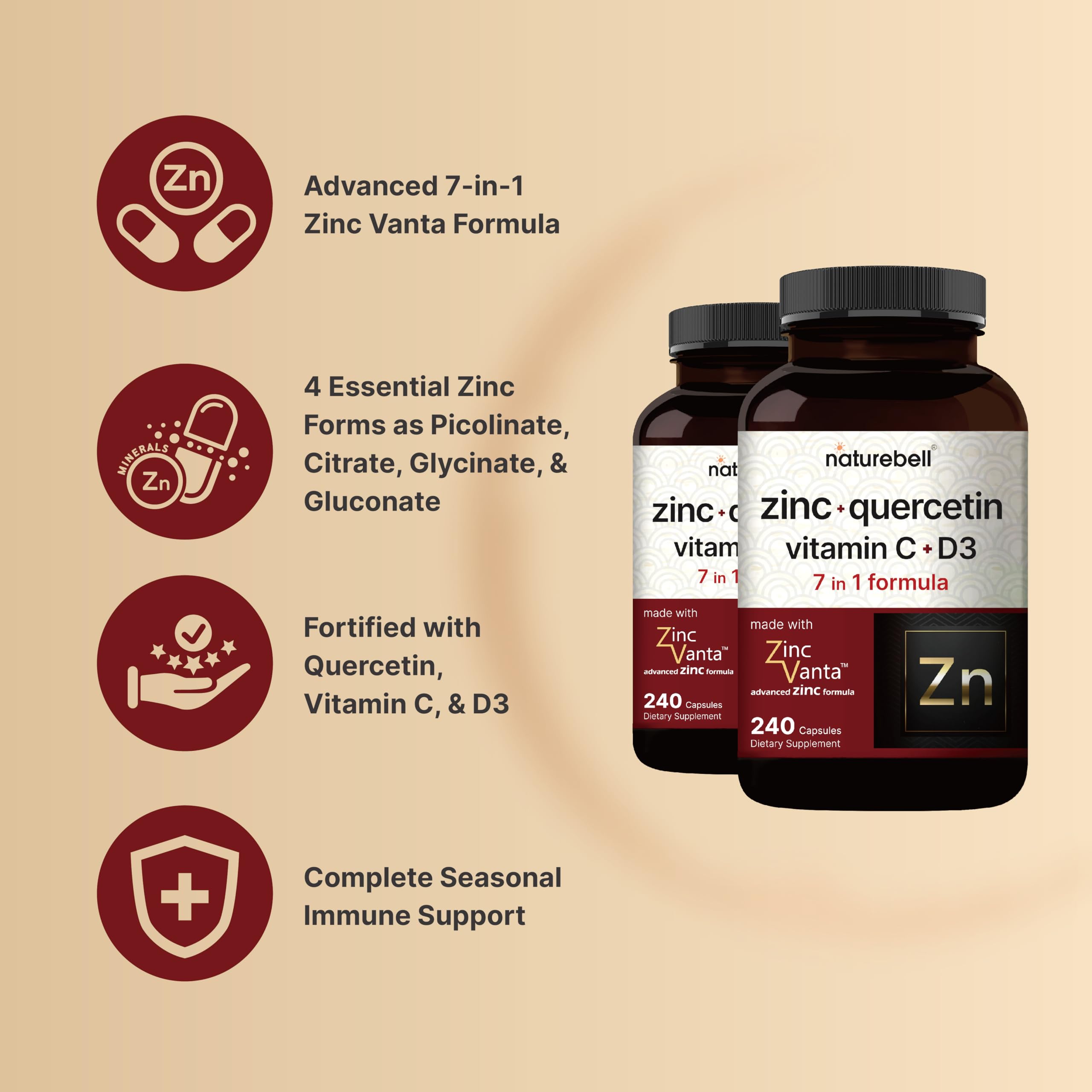 NatureBell Zinc Quercetin with Vitamin C & D3, 480 Capsules (2 Pack) | Quercetin 1,000mg + Zinc 50mg + Vitamin C 250mg + Vitamin D3 5,000 IU | 4-in-1 Advanced Immune & Lung Support | ZincVanta Formula